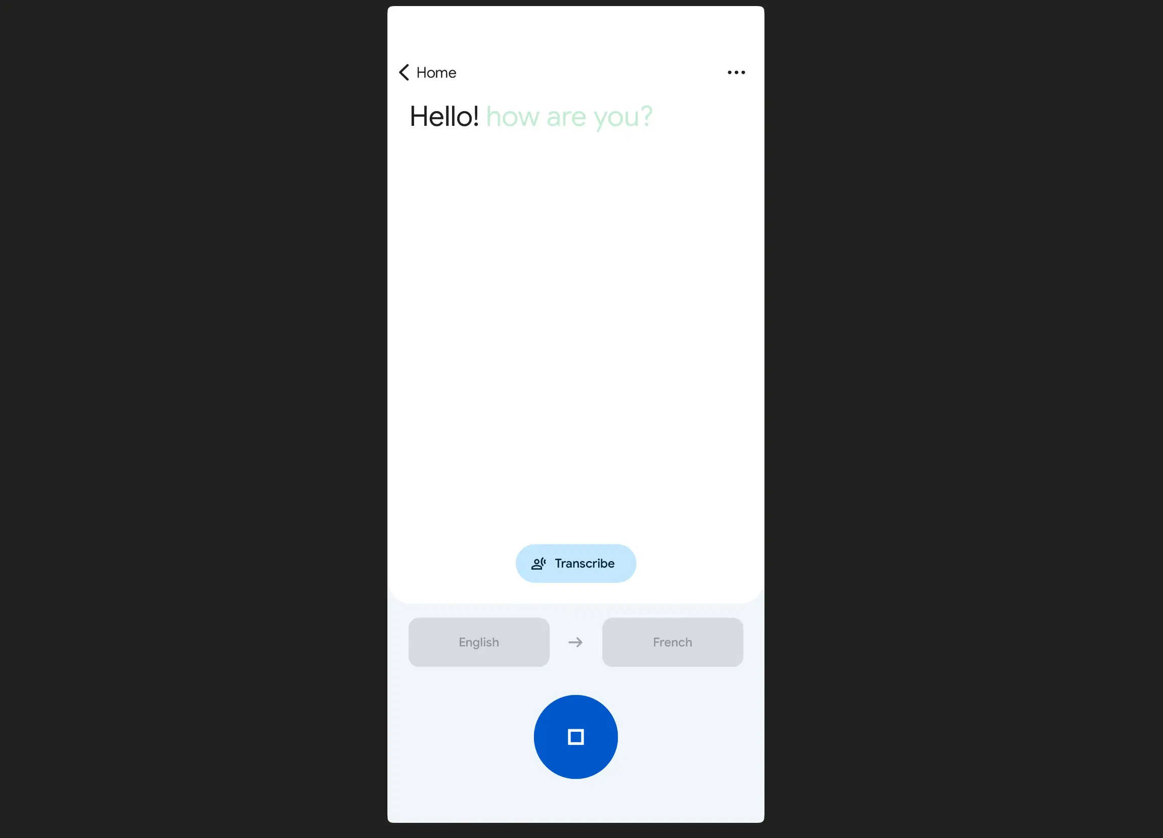 Google Translate conversation mode interface showing two-way voice translation