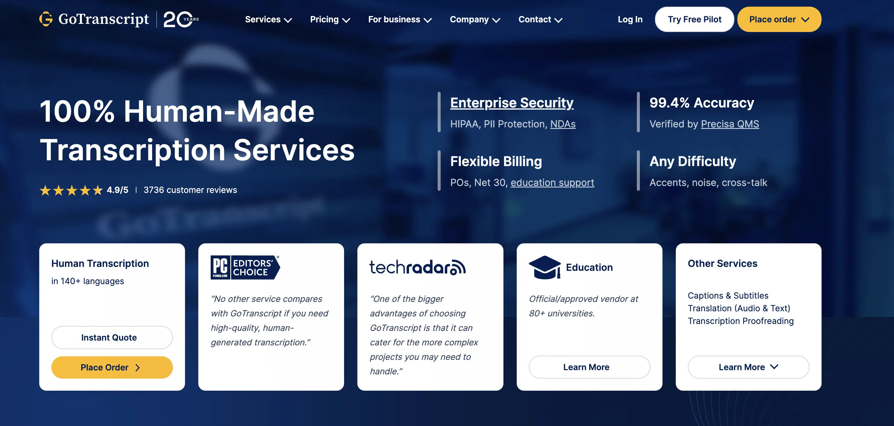 The homepage of GoTranscript.