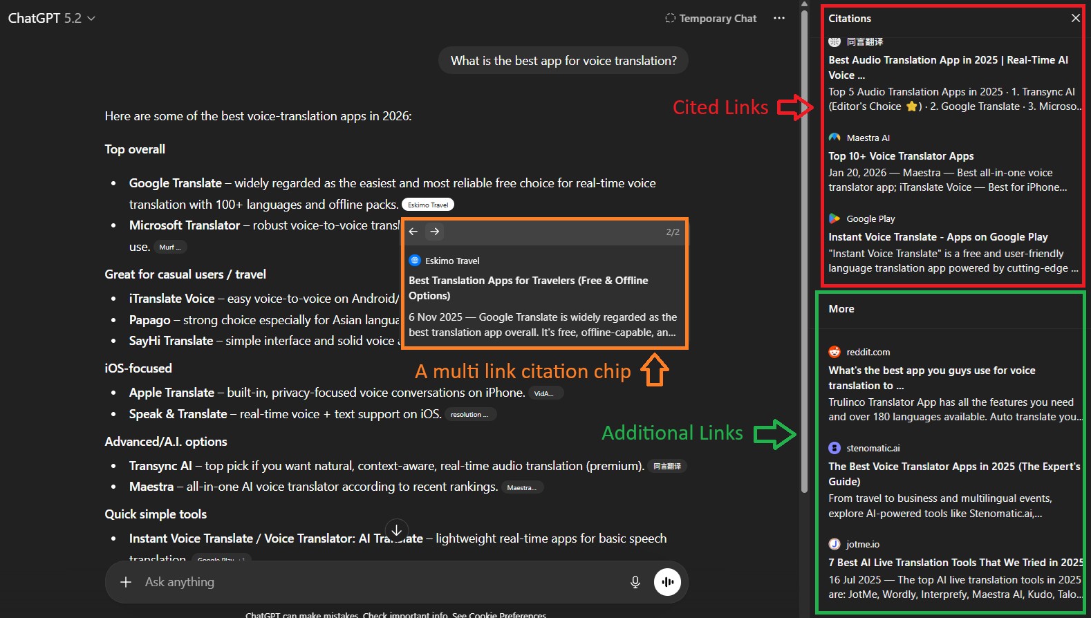 ChatGPT response showing cited links, additional links, and multi-link citation chips