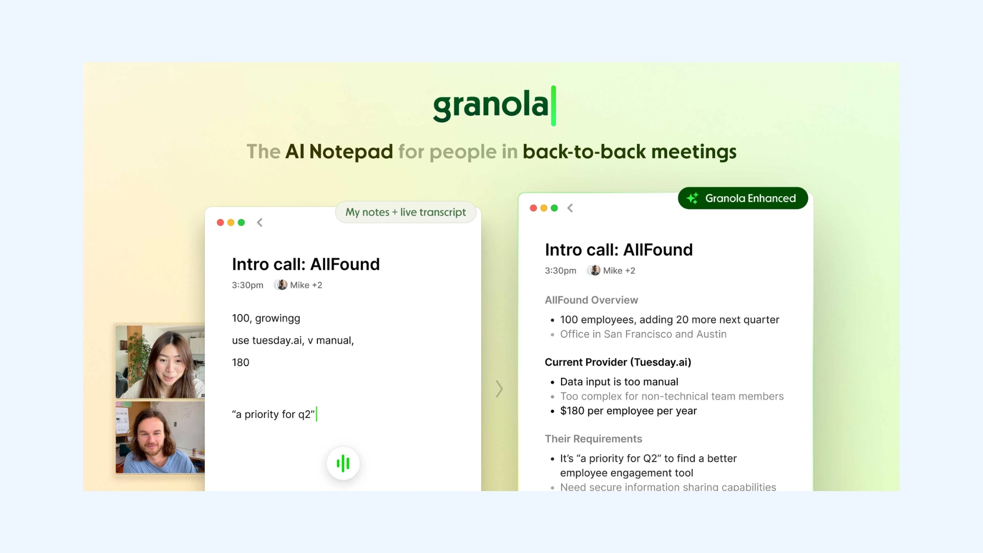 Granola interface showing raw meeting notes on the left and a polished AI summary on the right.