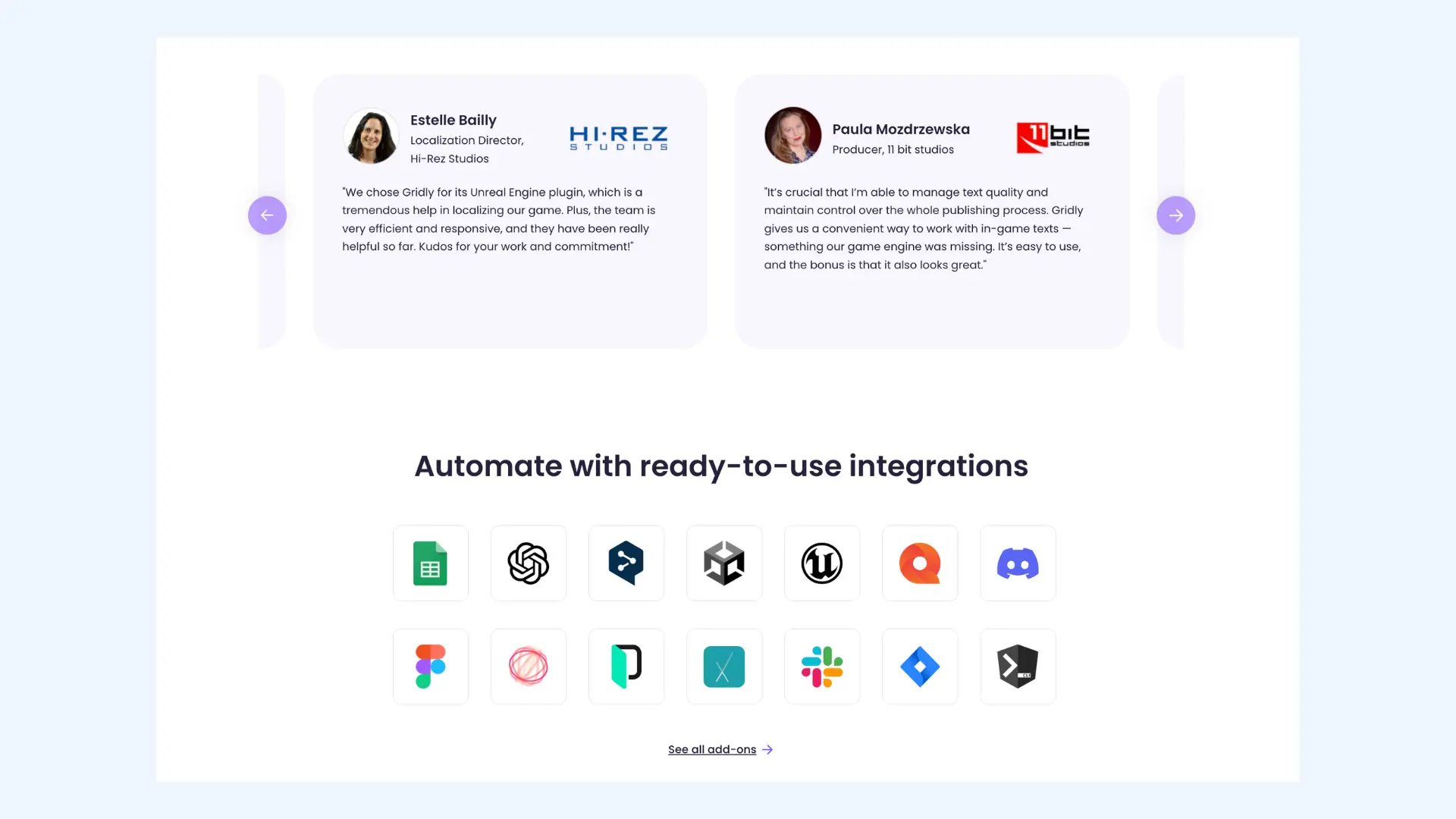 Gridly web page featuring client testimonials and software integrations.