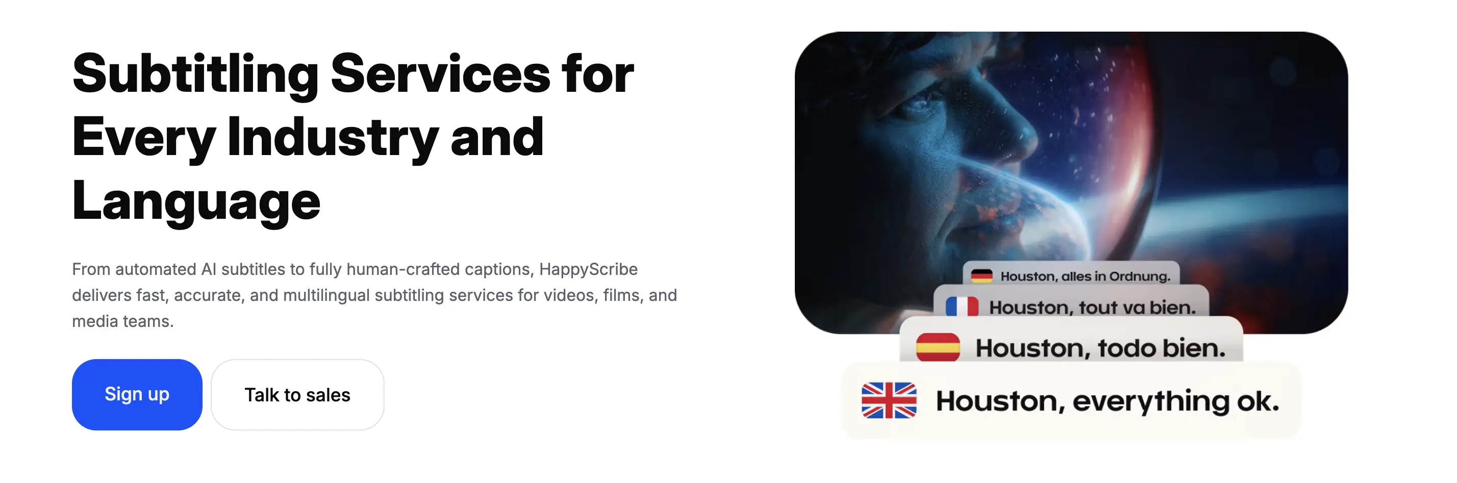 The web page of Happy Scribe's subtitle translation services.