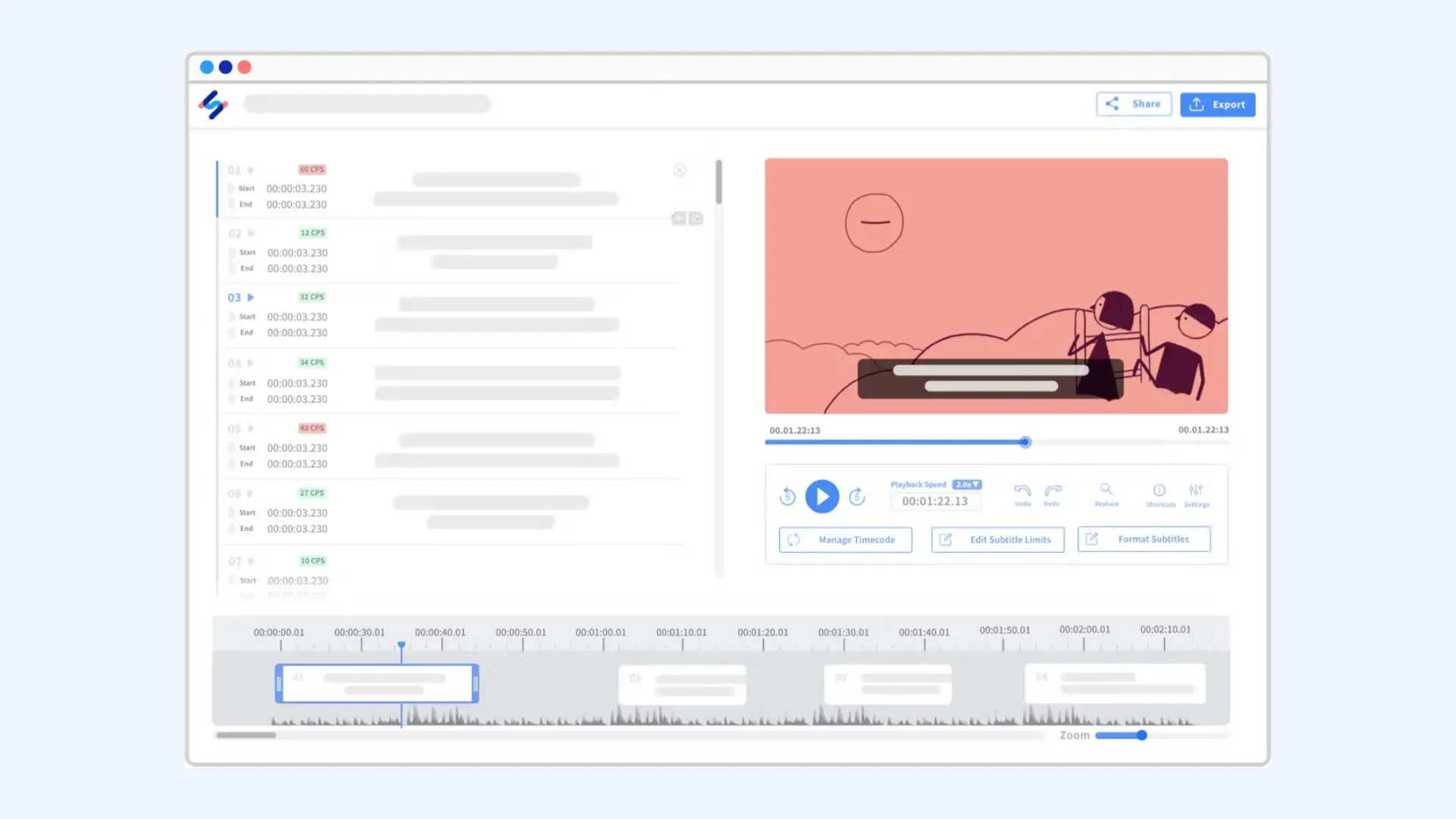 HappyScribe interface showing a video editor with text transcript sidebar, preview player, and timeline controls.