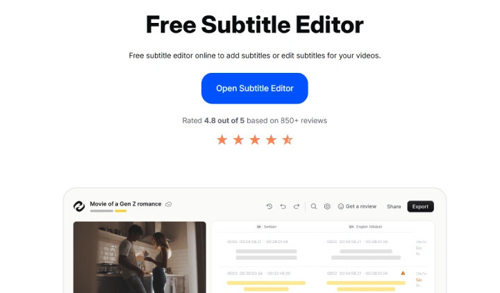 HappyScribe free subtitle editor web page.