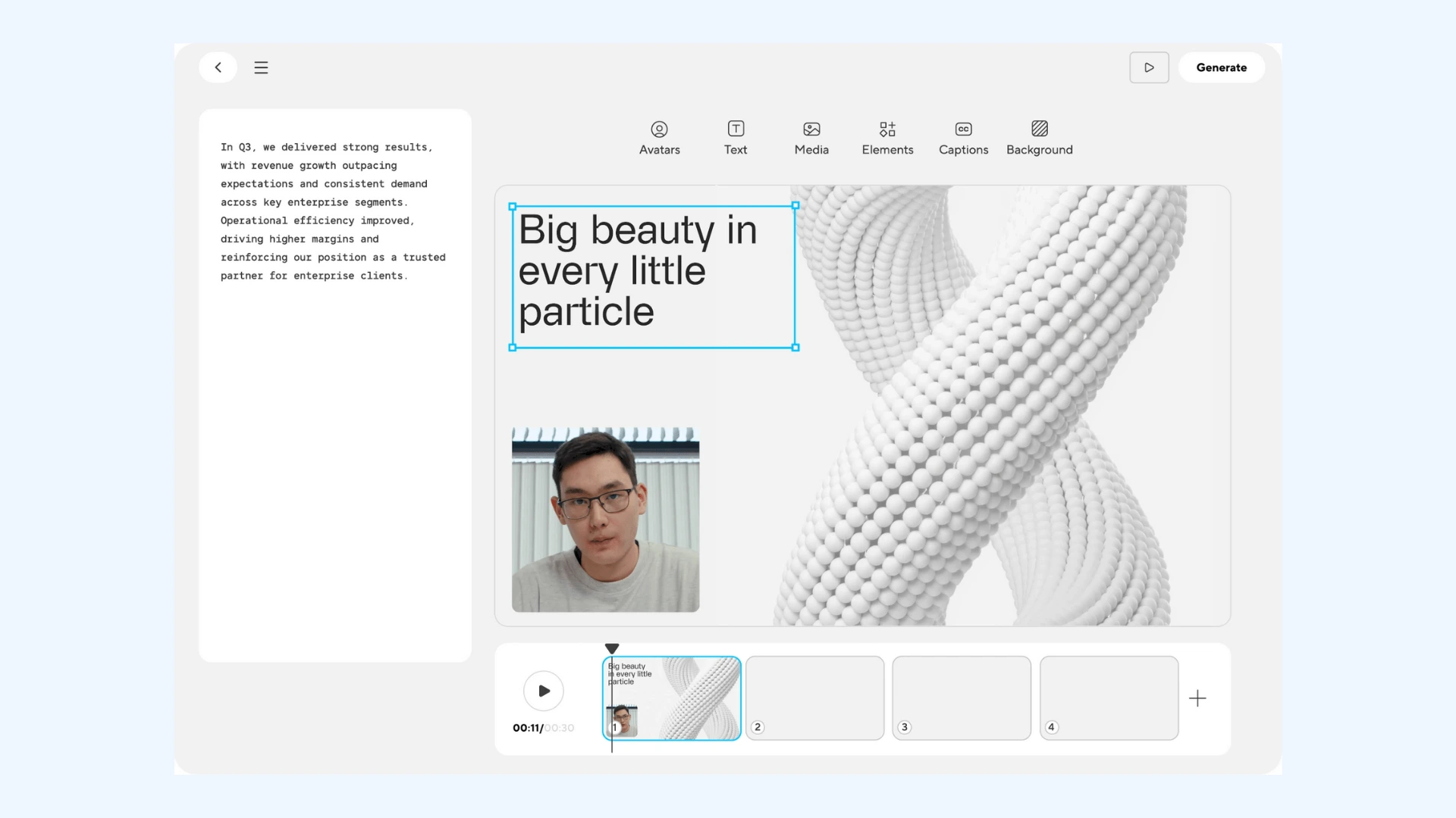 The interface of HeyGen's video and voice generator.