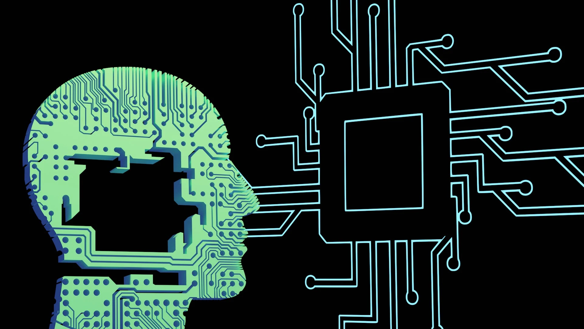 Digital illustration of a circuit board human head and microchip representing the AI processing behind TTS technology.