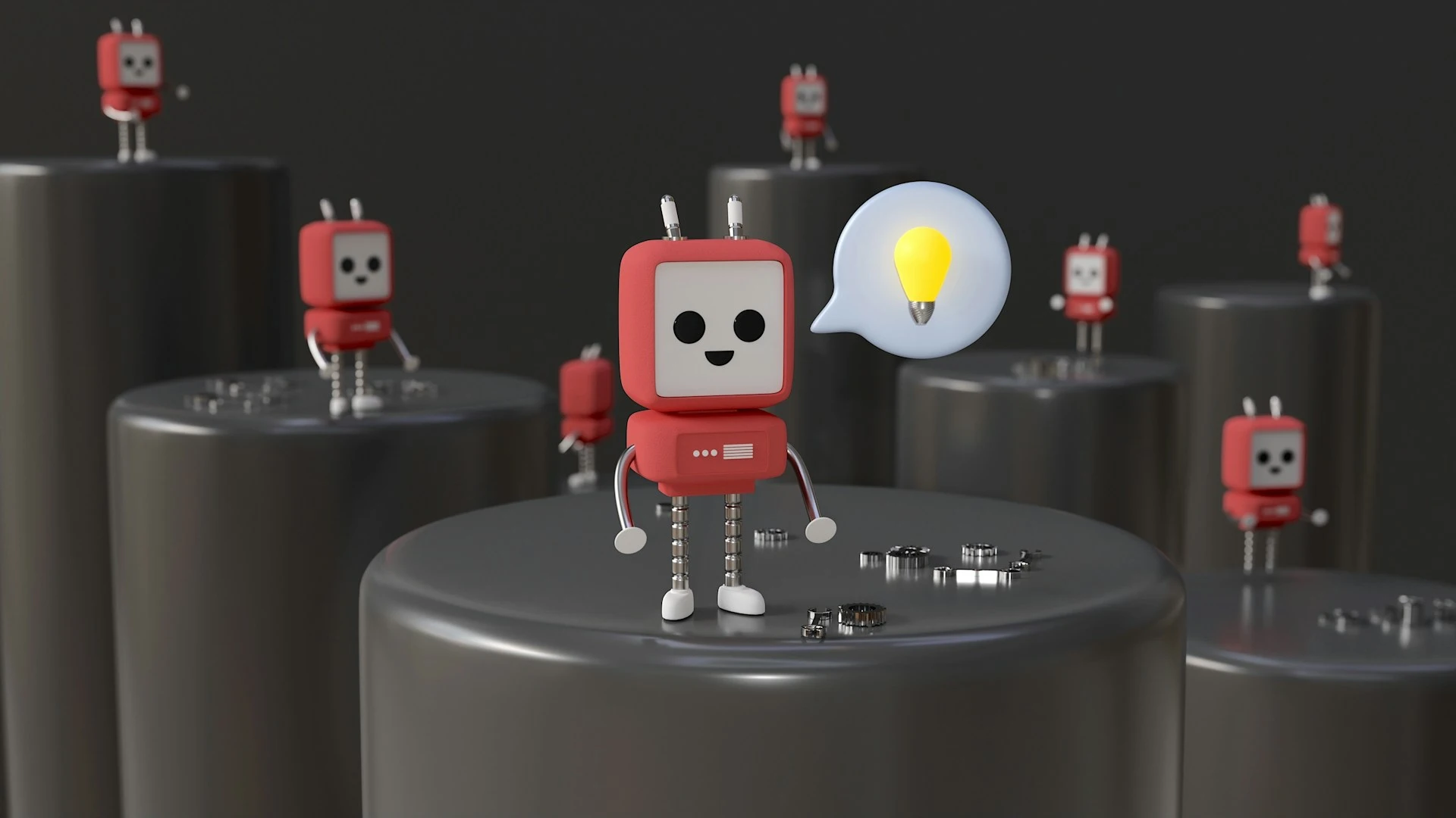 A robot with a light bulb in a speech bubble, standing among other robots.