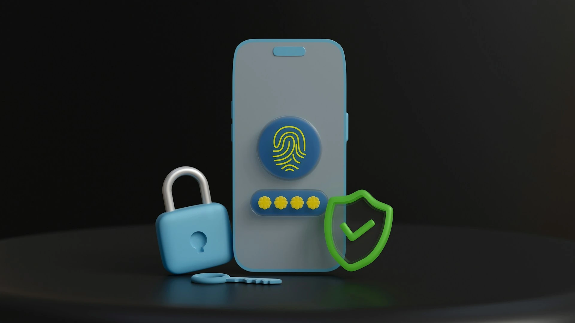 3D illustration of a smartphone with a fingerprint icon, a padlock, a key, and a green shield.