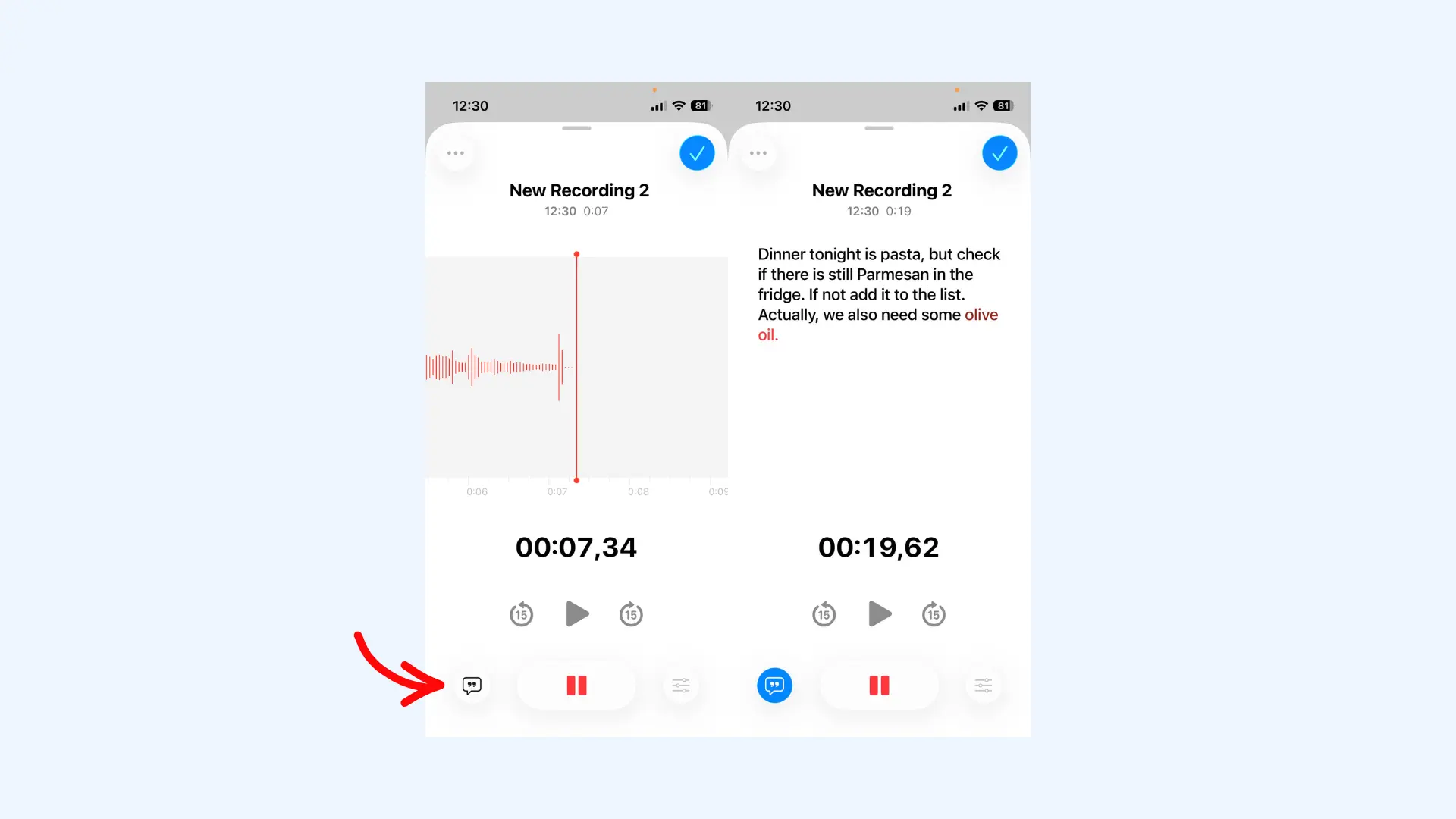 Three screenshots showing how to view a voice memo transcript in real time on iOS.