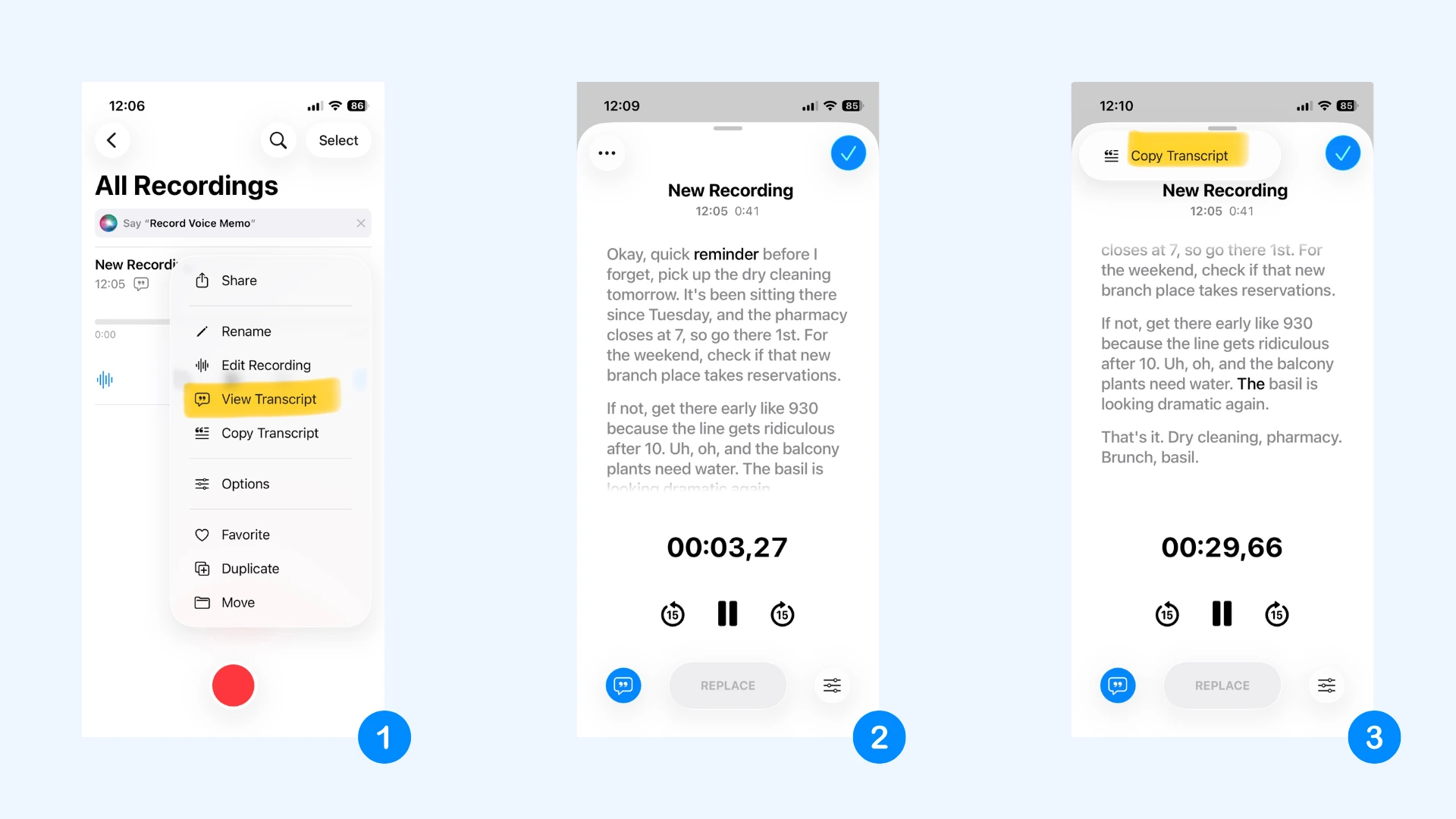 Three step-by-step screenshots showing how to view and copy a voice memo transcript on an iPhone.