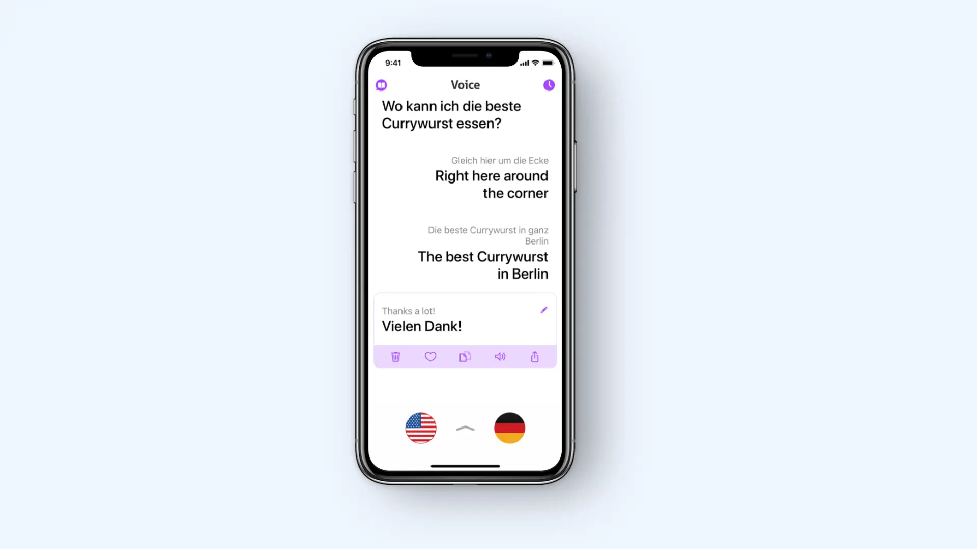  A smartphone displaying a voice translation between German and English in the iTranslate app.