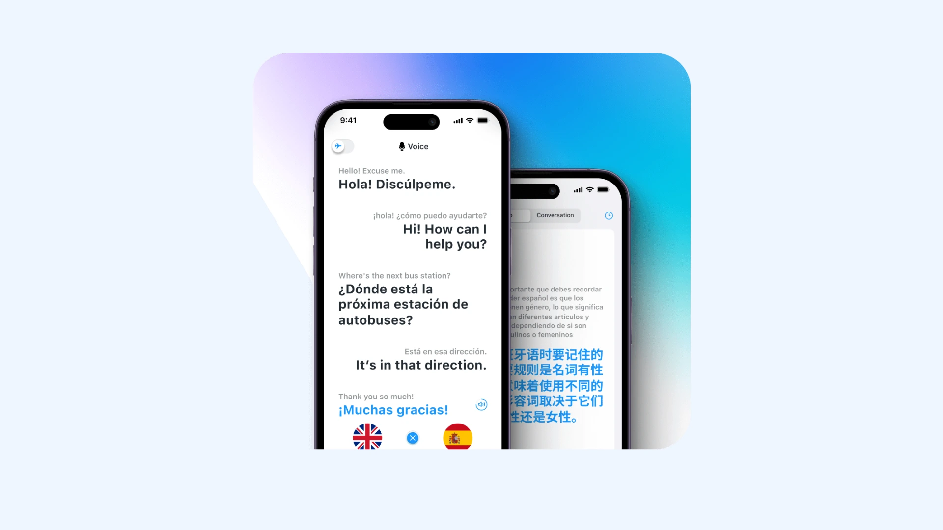 iTranslate app displaying a live translation conversation that includes Chinese text.