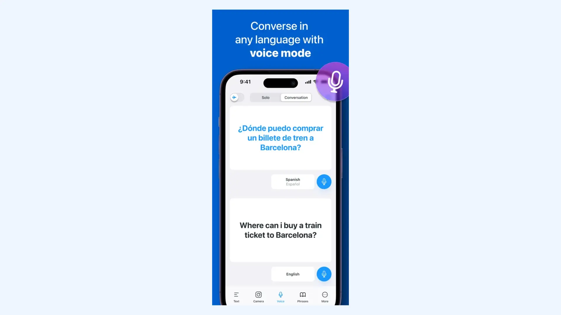 The interface of iTranslate app's voice mode.