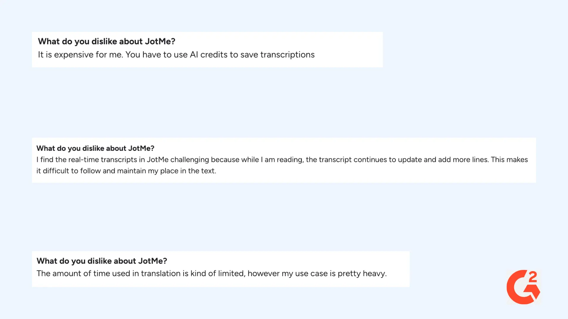 Three user reviews from G2 for JotMe.