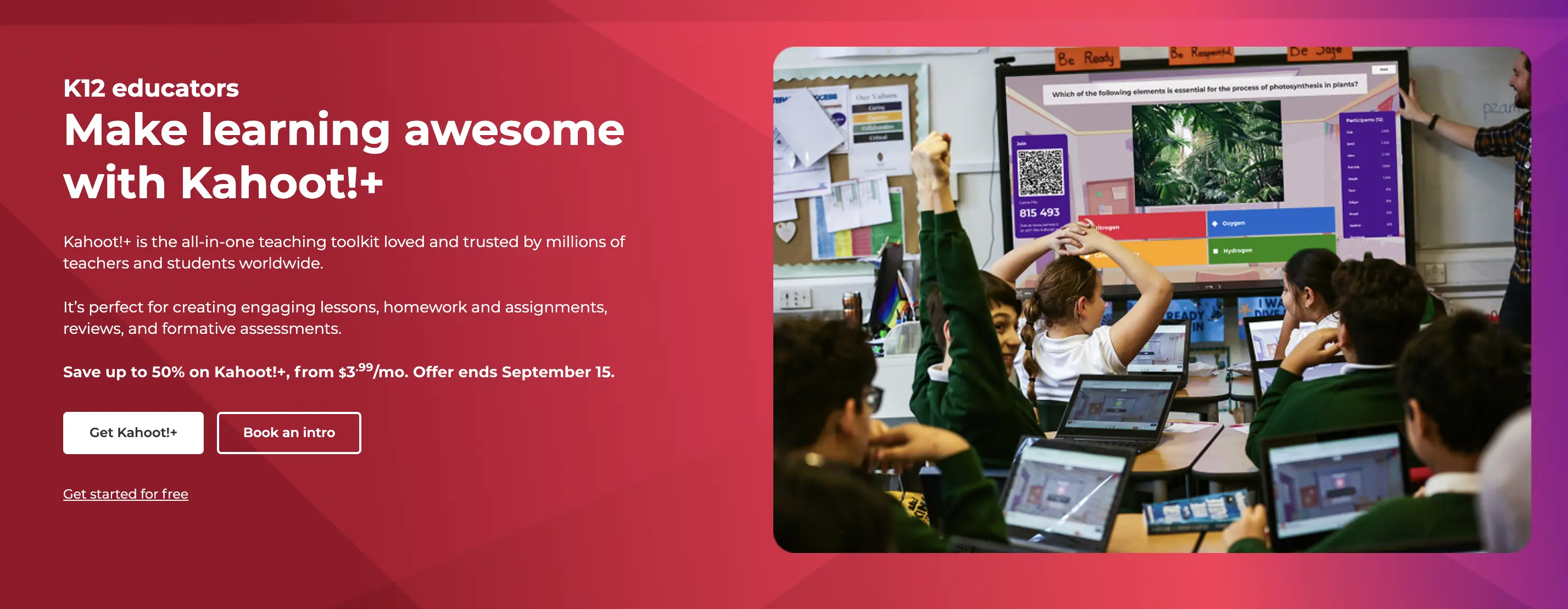 The web page of Kahoot! for K12 educators.
