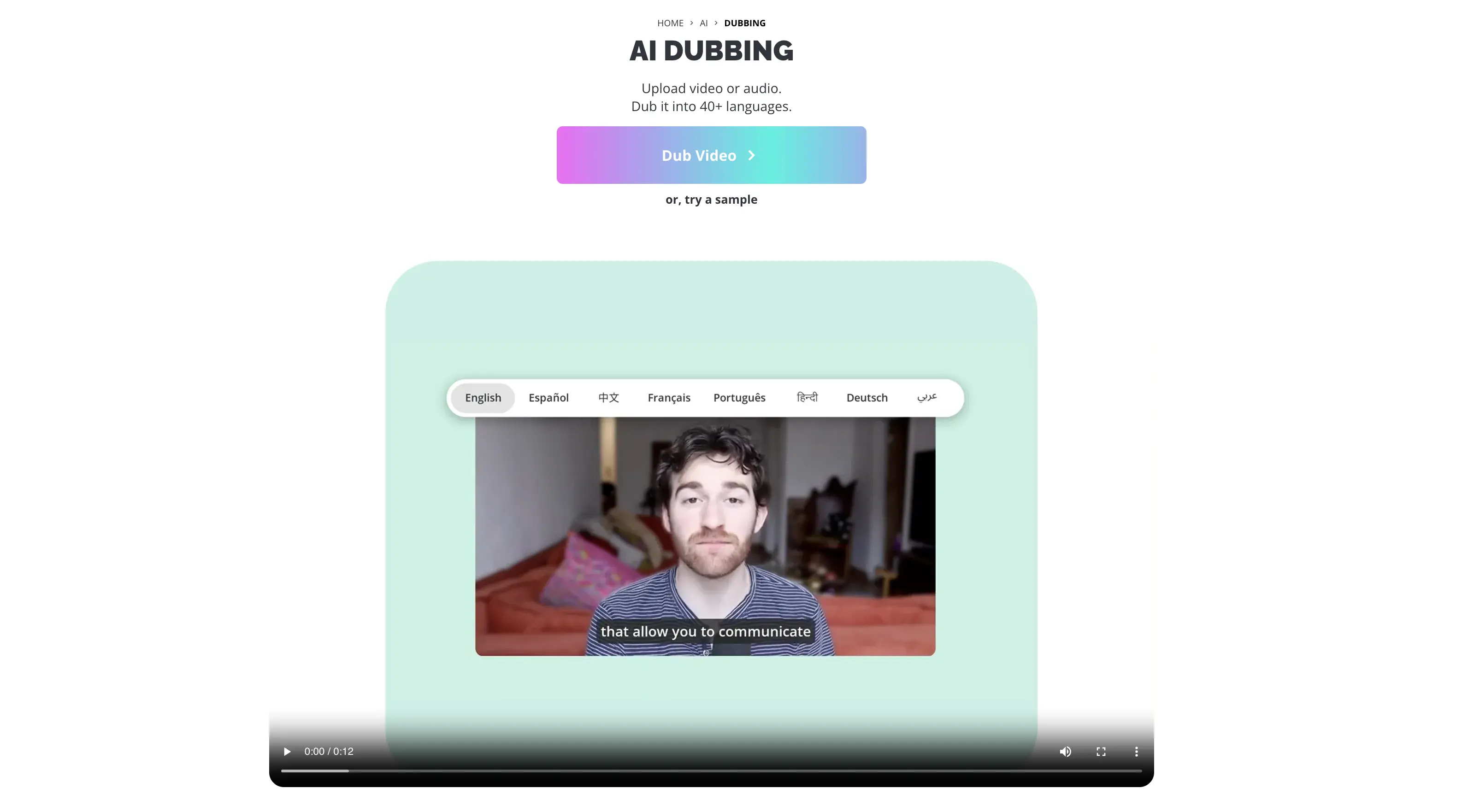 The web page of Kapwing's AI dubbing software.