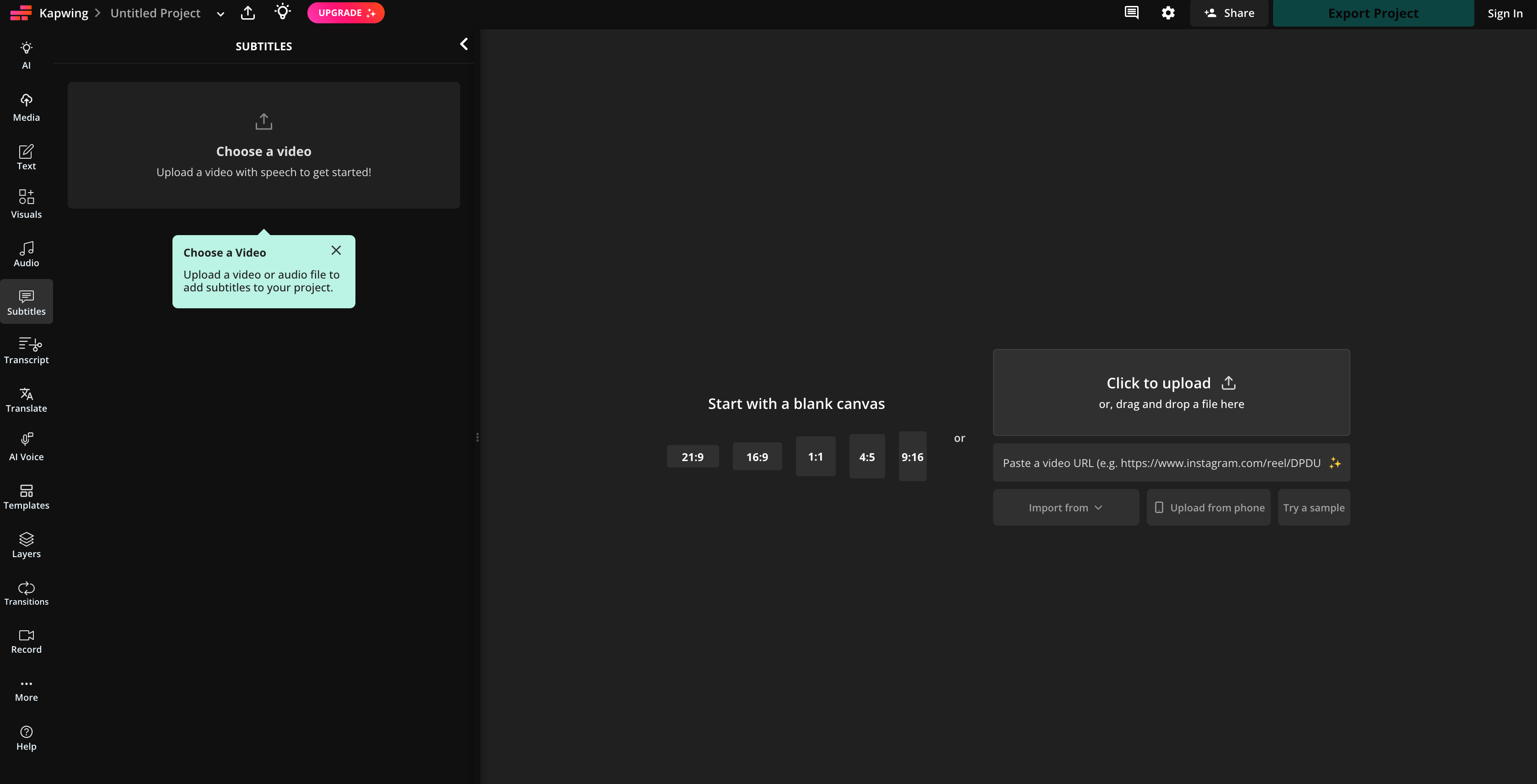 Kapwing AI subtitle generator interface showing collaborative browser-based video editing