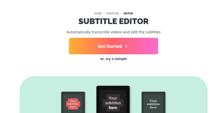 Kapwing subtitle editor web page.