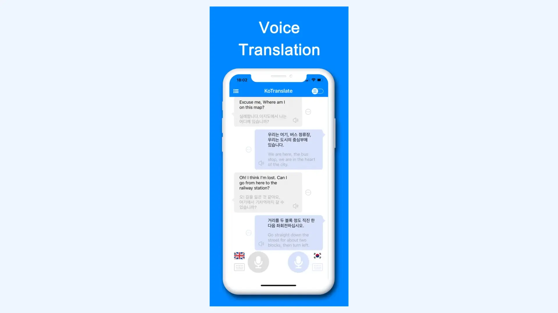 An interface for the KoTranslate app showcasing a Voice Translation feature.