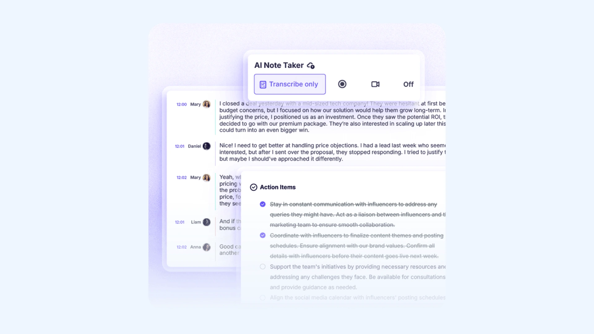 Krisp interface showing a checklist of action items.