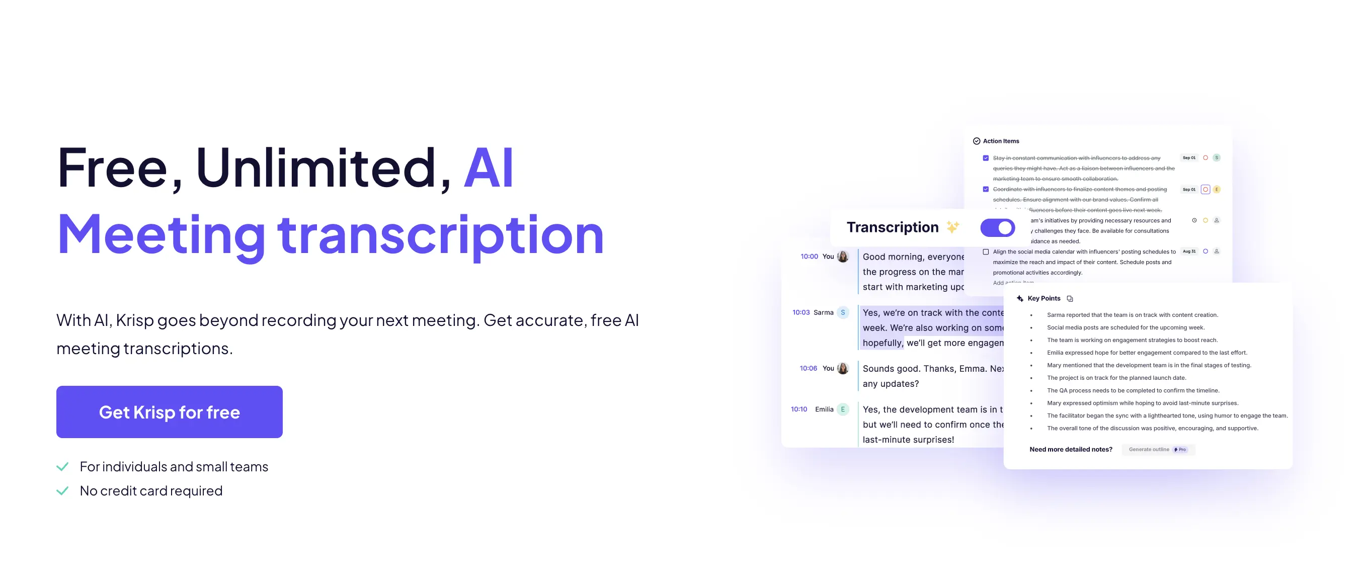 The web page of Krisp AI meeting transcription app.