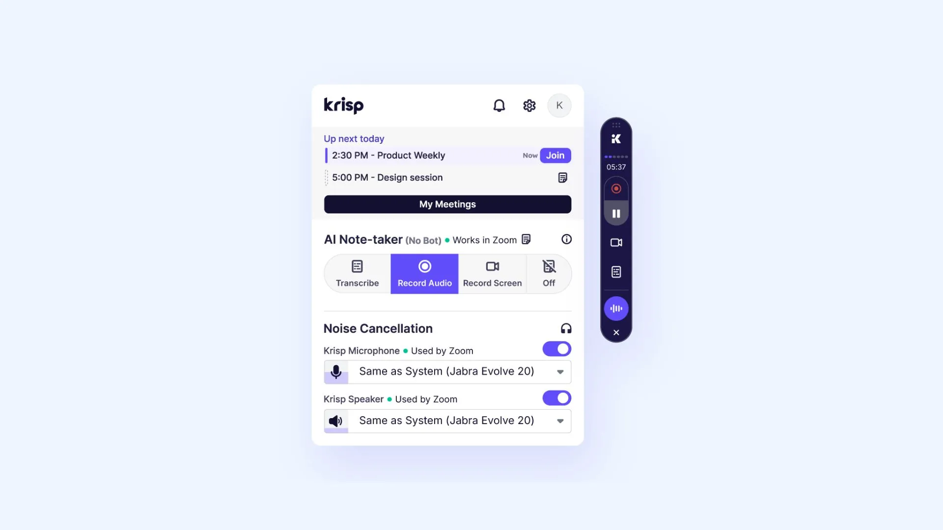 The interface of Krisp's AI noise cancellation feature.