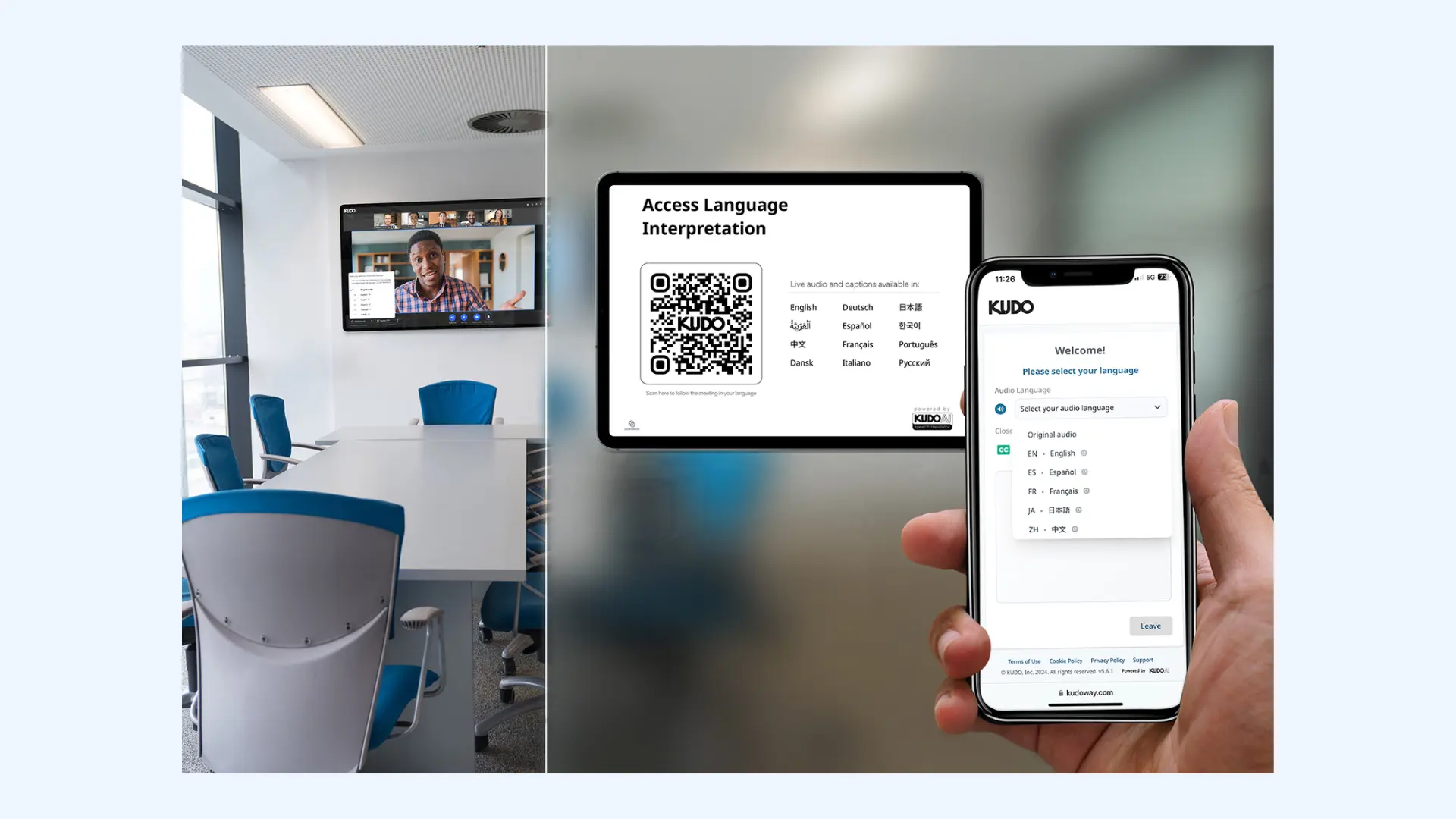 KUDO QR code sign and a mobile phone with a language selection menu.