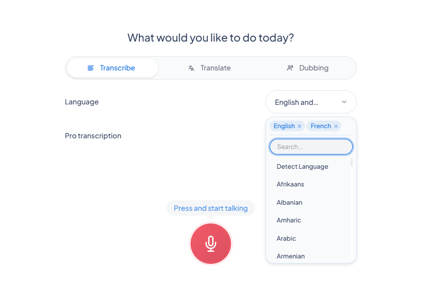How to choose the source language in Maestra's free live transcription app.