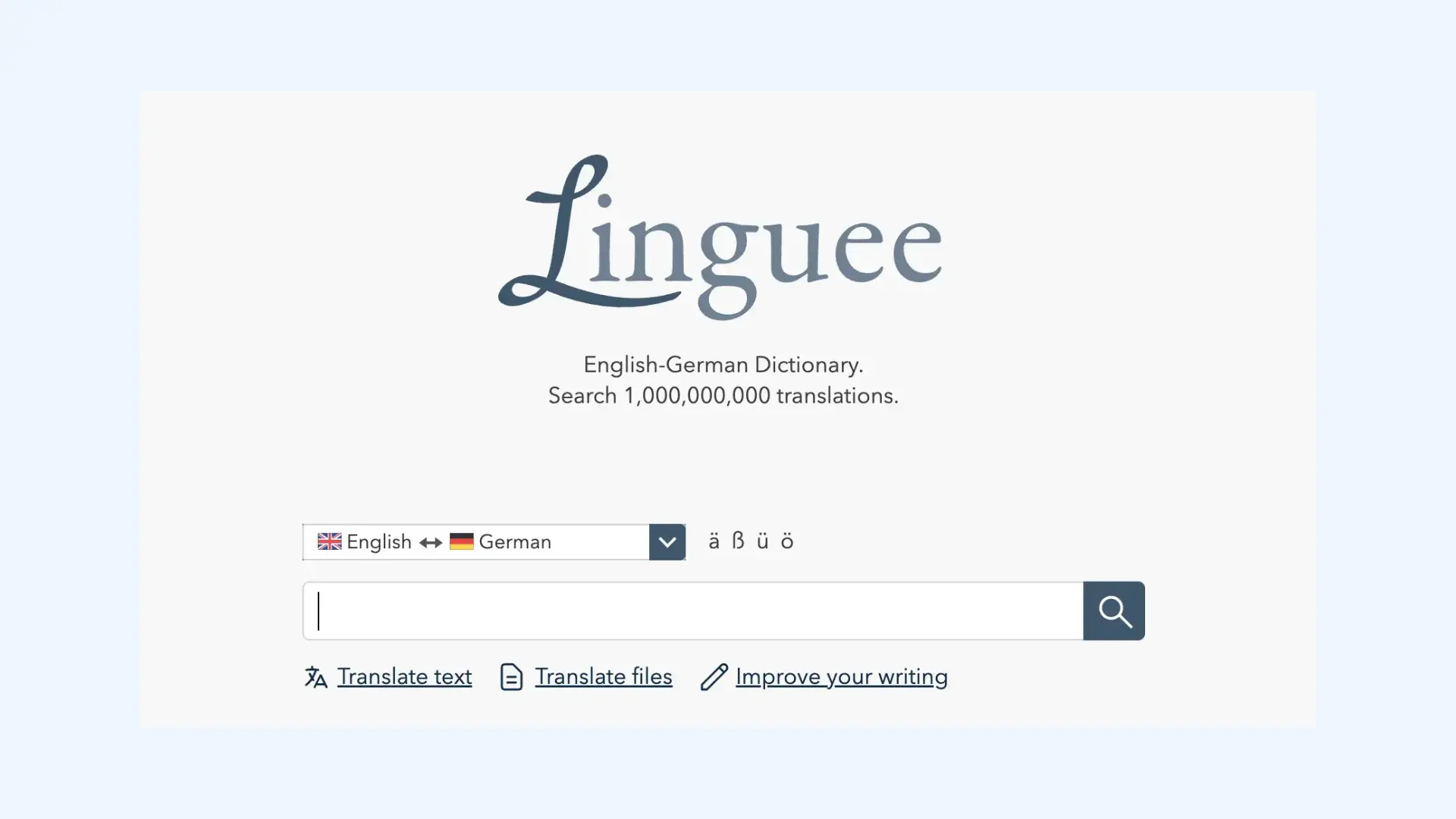 Linguee interface set up for English-to-German translation.