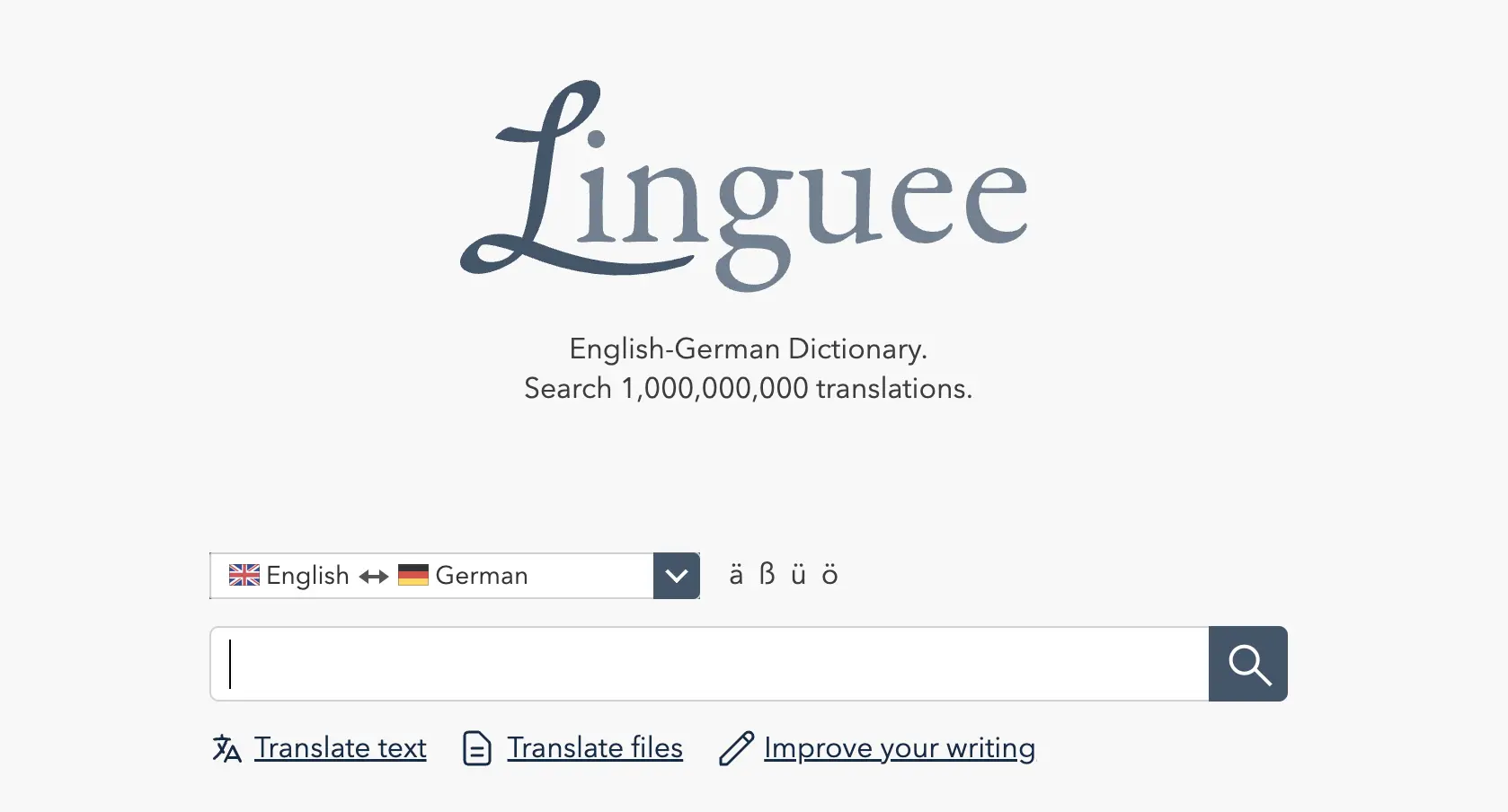 The home page of the Linguee app for English to German translation.