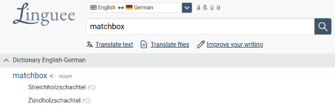 لقطة شاشة لـ Linguee وهي تعرض أمثلة ترجمة لكلمة شائعة