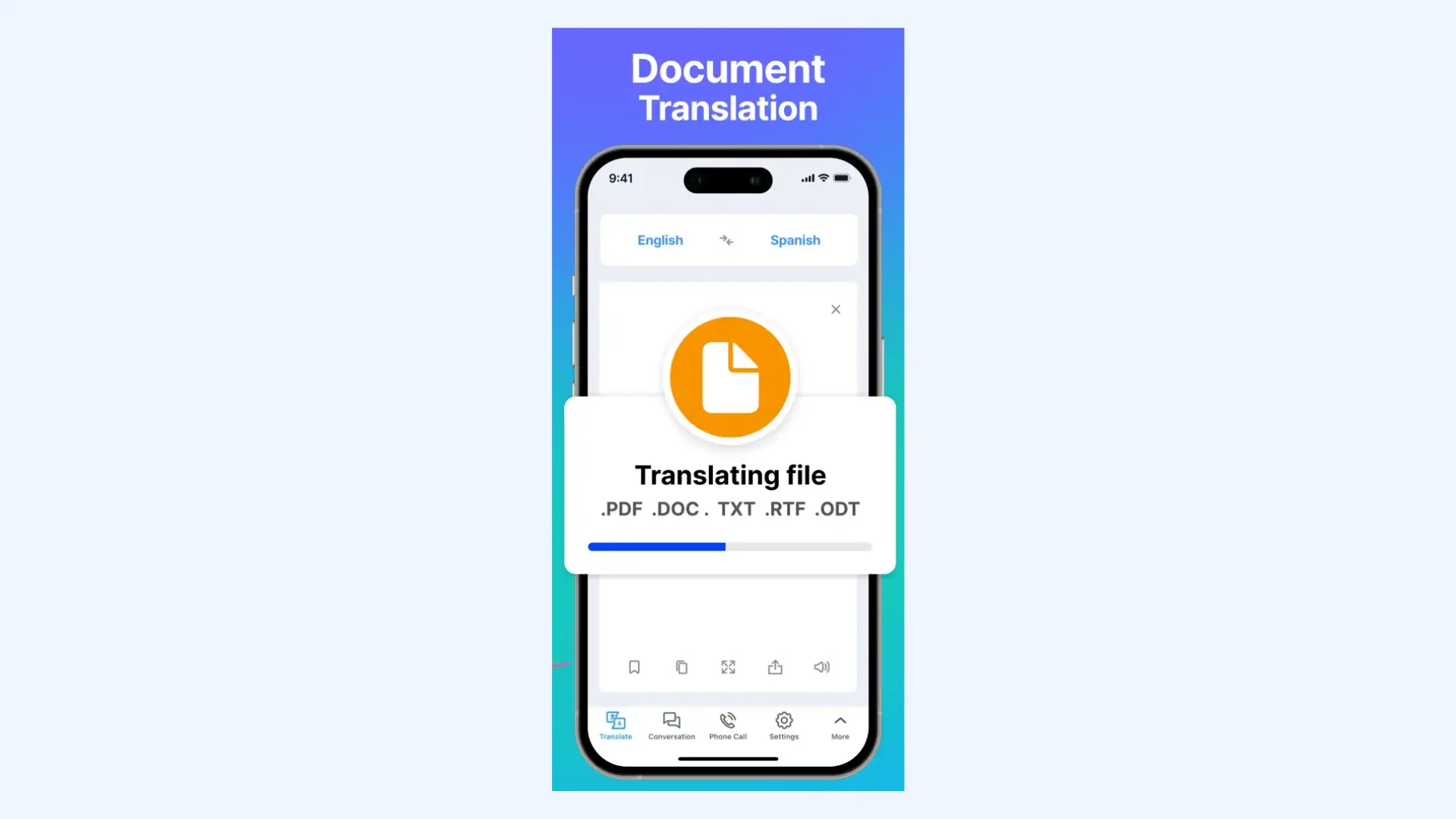 Document Translation feature of the Lingvanex iPhone app.