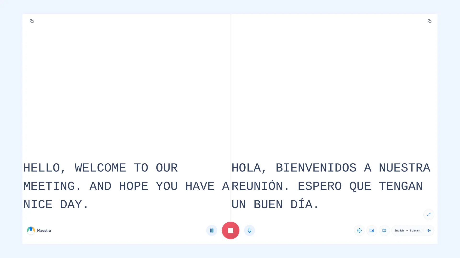 Maestra's split-screen interface showing a live English-to-Spanish meeting translation.