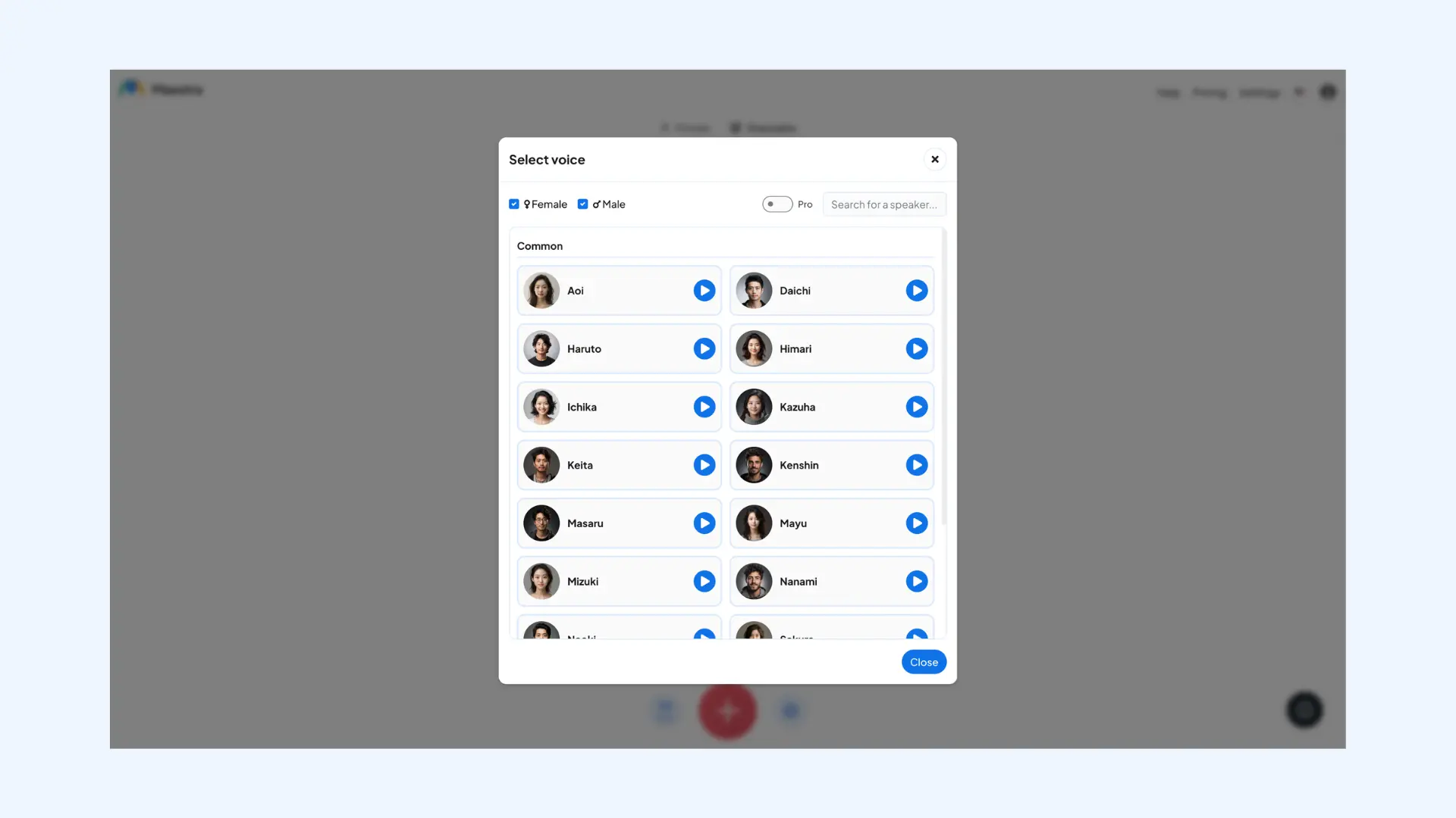 A range of AI voices in Japanese for Maestra's real-time speech translator.