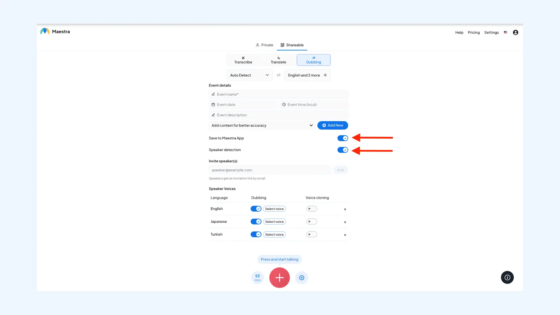 How to enable session saving and speaker detection in Maestra's AI speech translator.
