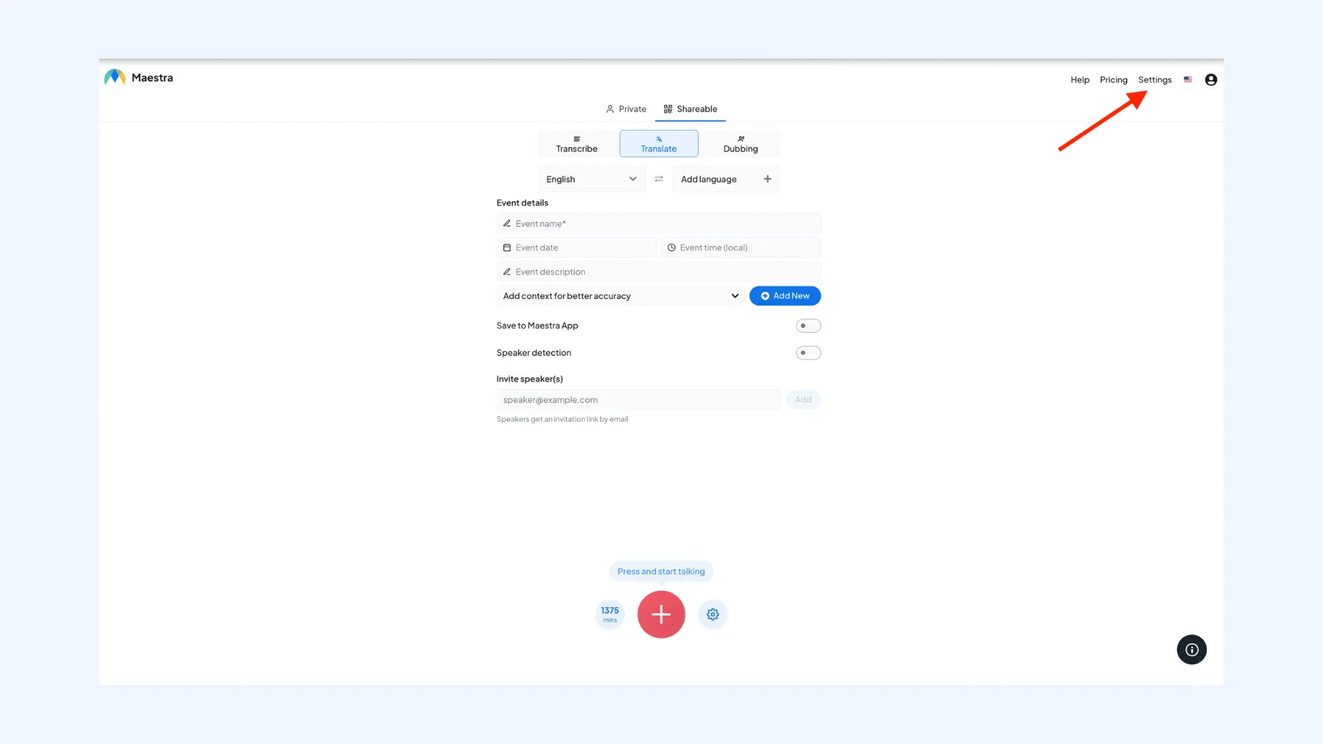 How to access Settings for integrations and customization in Maestra's online speech translator.