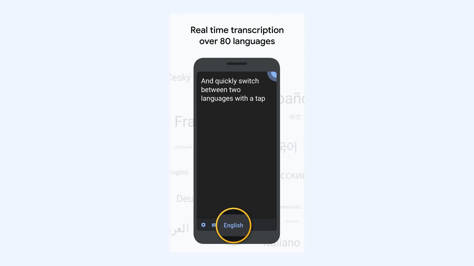The interface of the Live Transcribe app on Android.