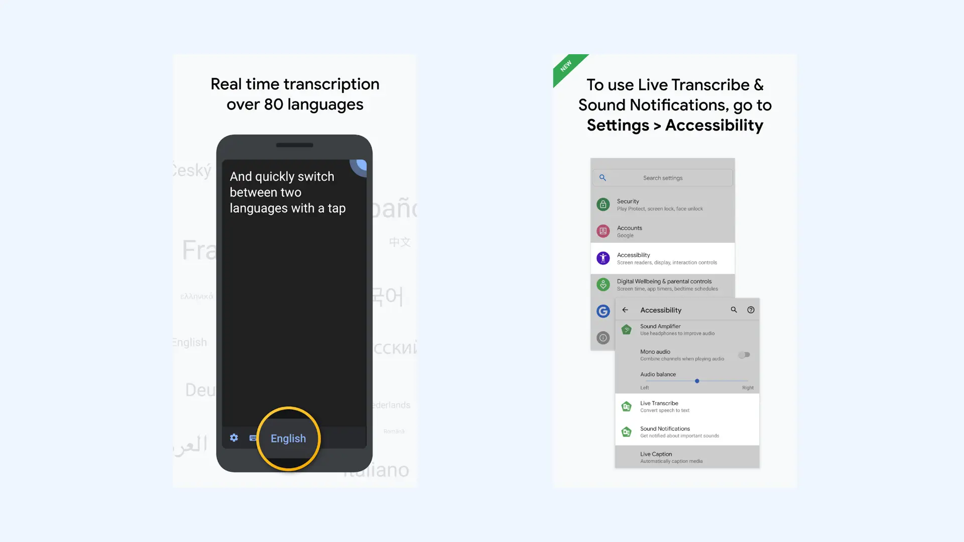 The interface and activation of Live Transcribe on Android phones.