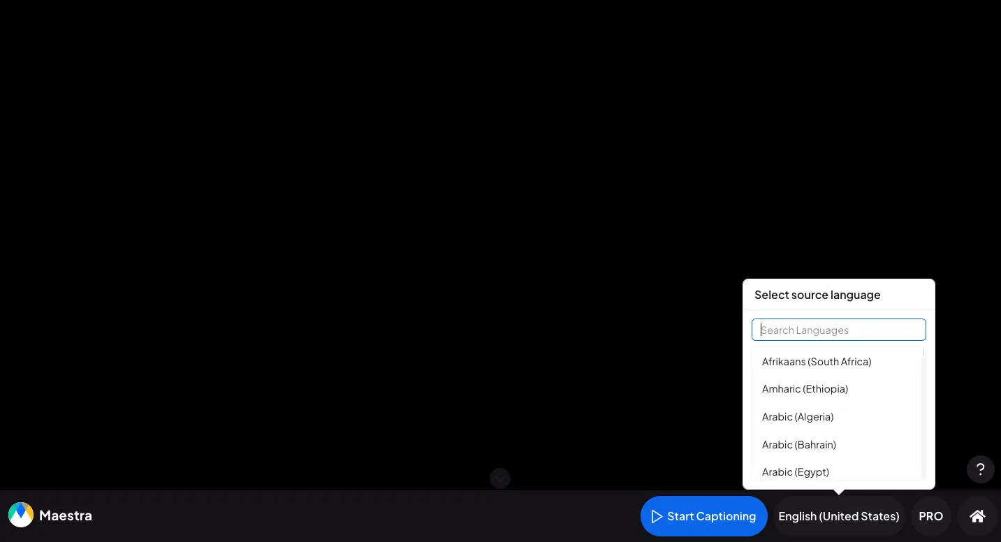 How to choose the source language in Maestra's free live transcription app.