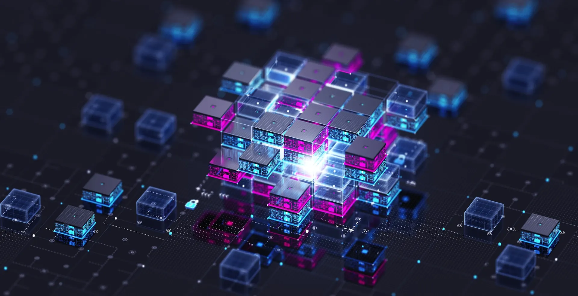 A digital network of glowing, interconnected cubes and processors.