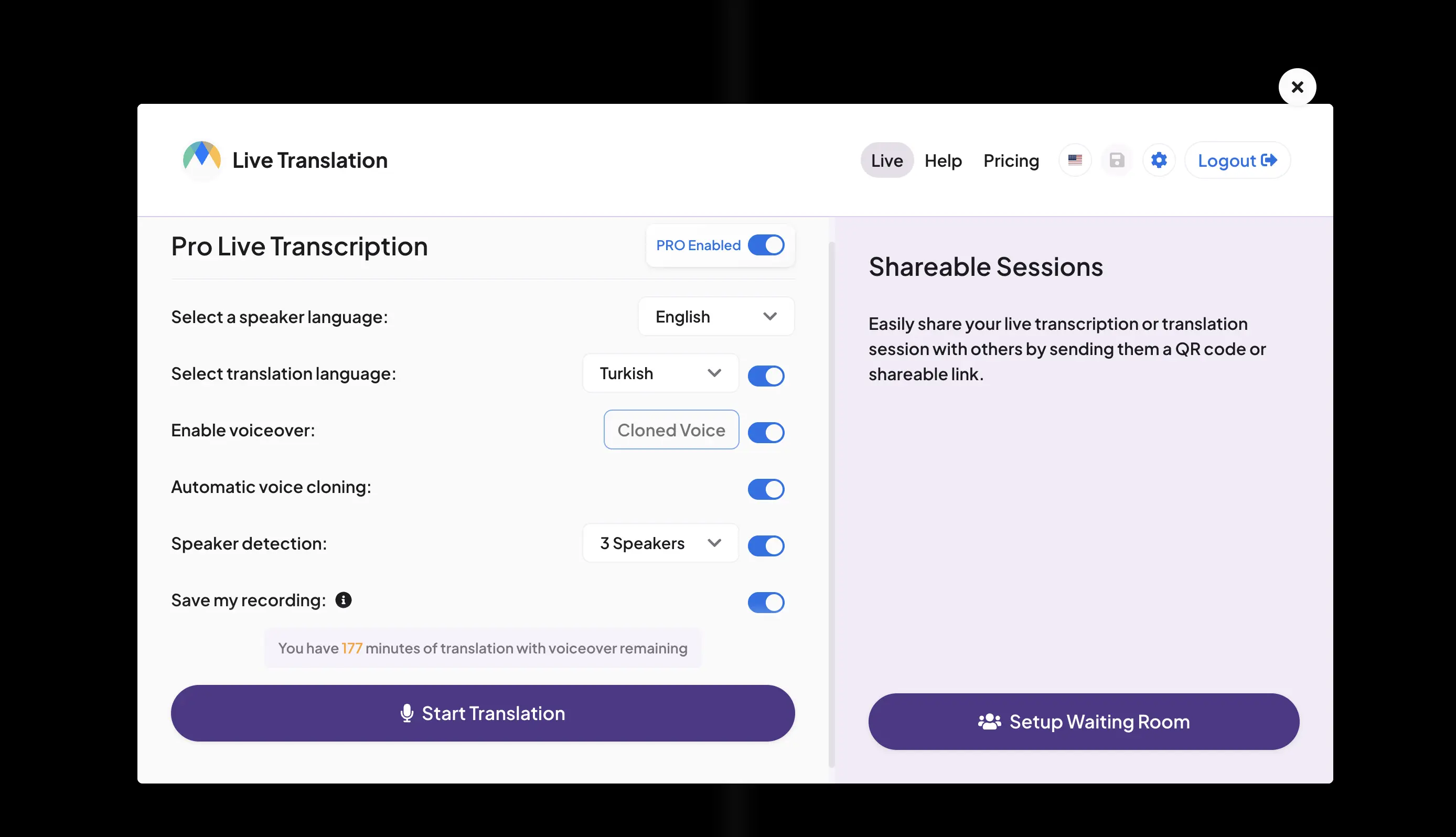 How to select source and target languages when using Maestra's live voice translation app.