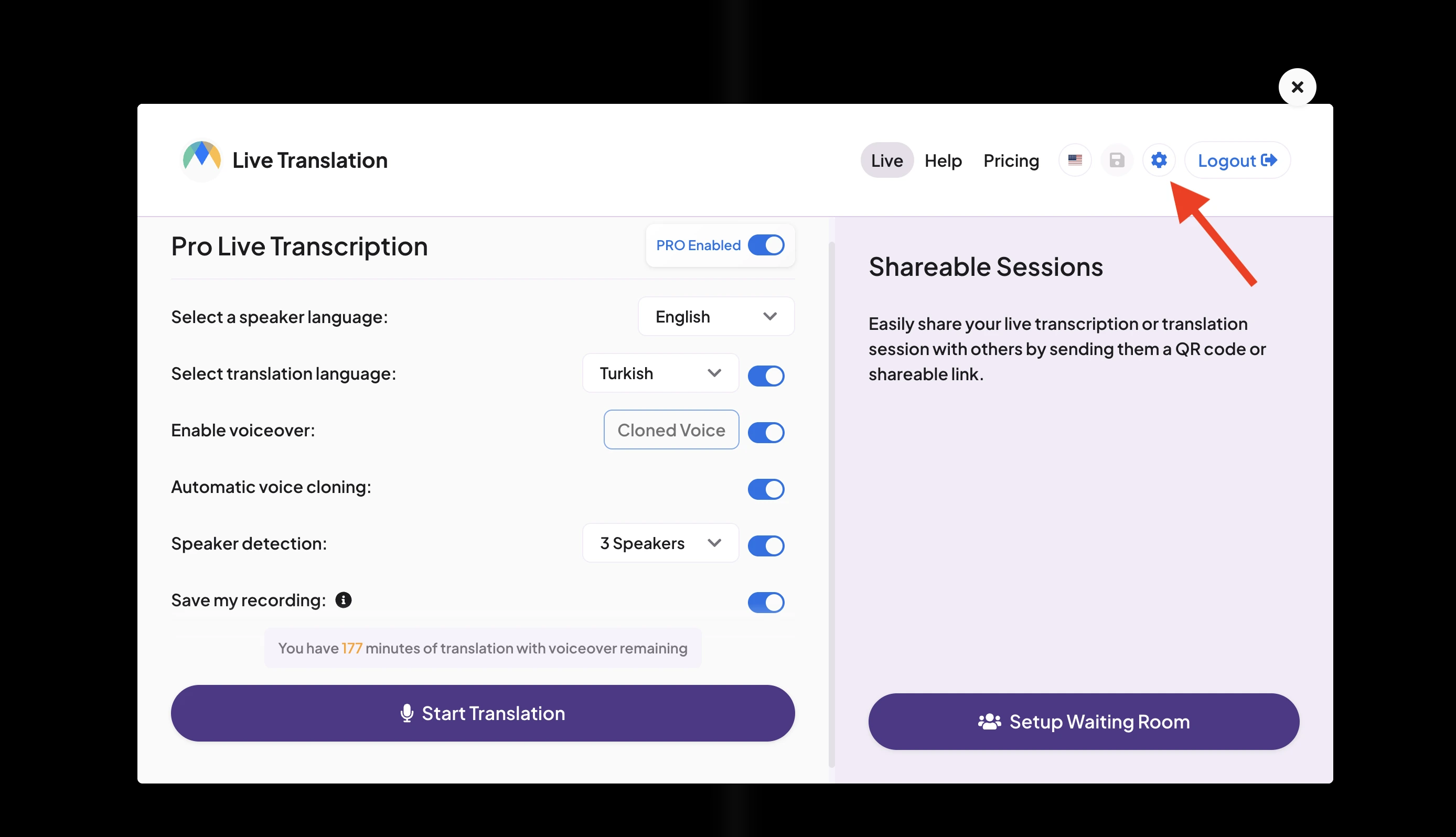 How to adjust settings in Maestra's live translation app.
