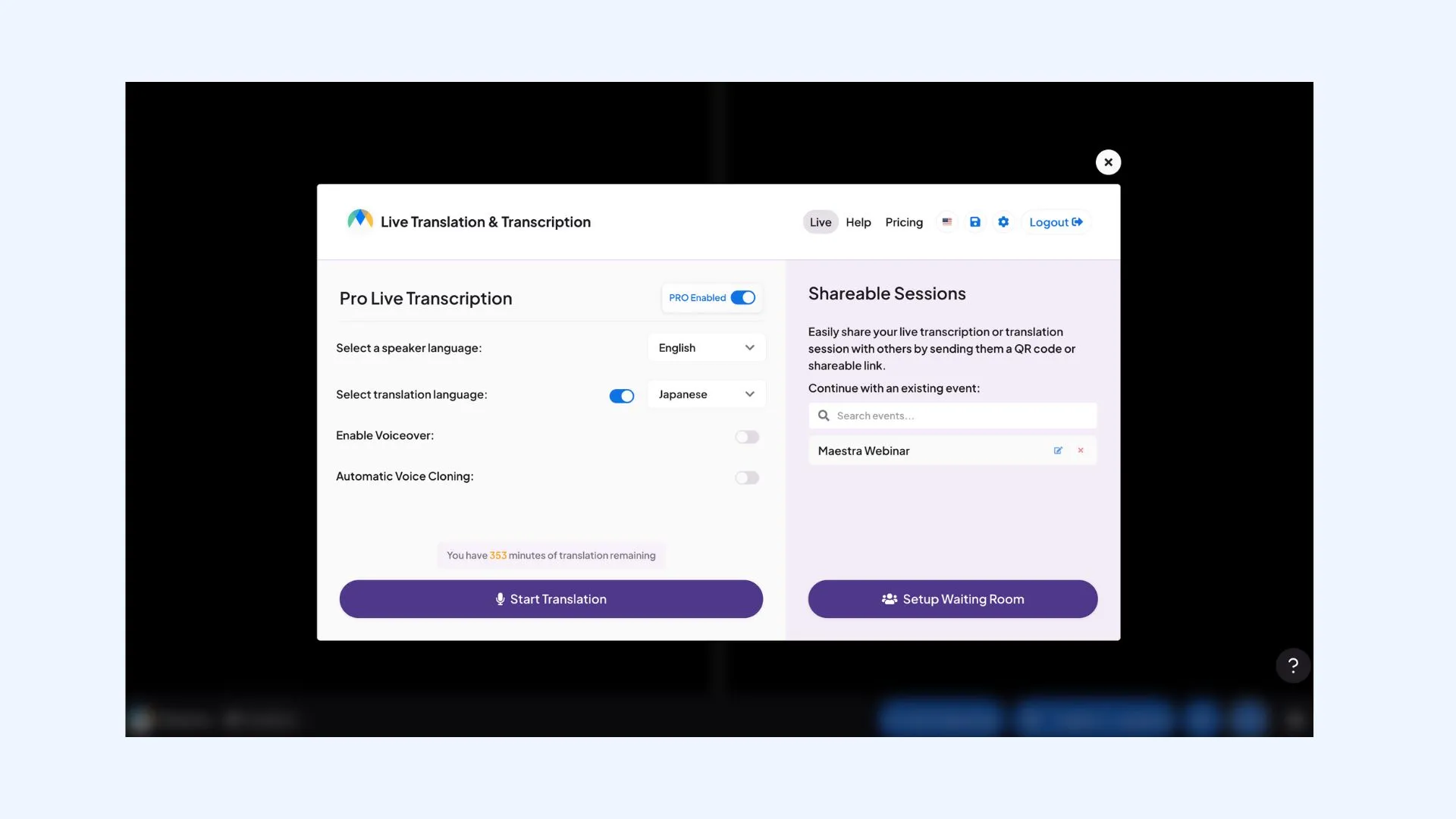 The interface of Maestra's live meeting translation tool.