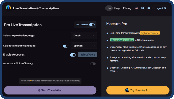 Maestra Live interface.