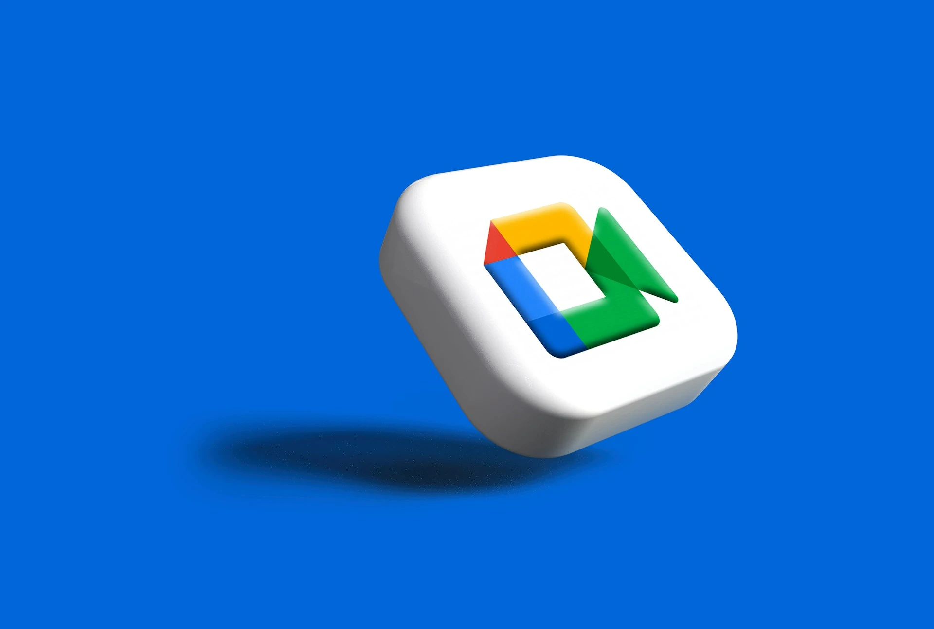 3D Google Meet icon floating on a solid blue background.