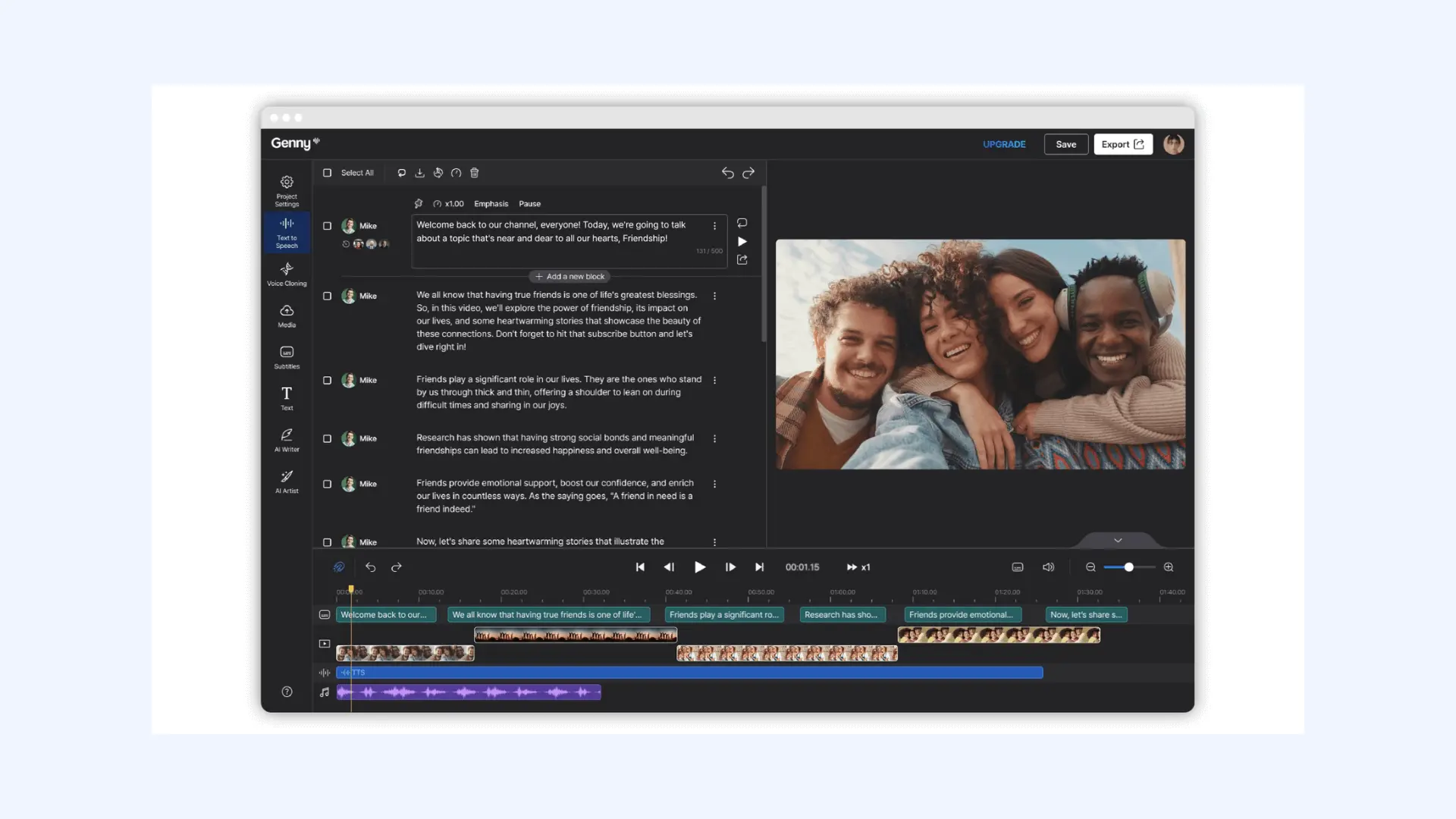 The interface of LOVO AI's video creator Genny.