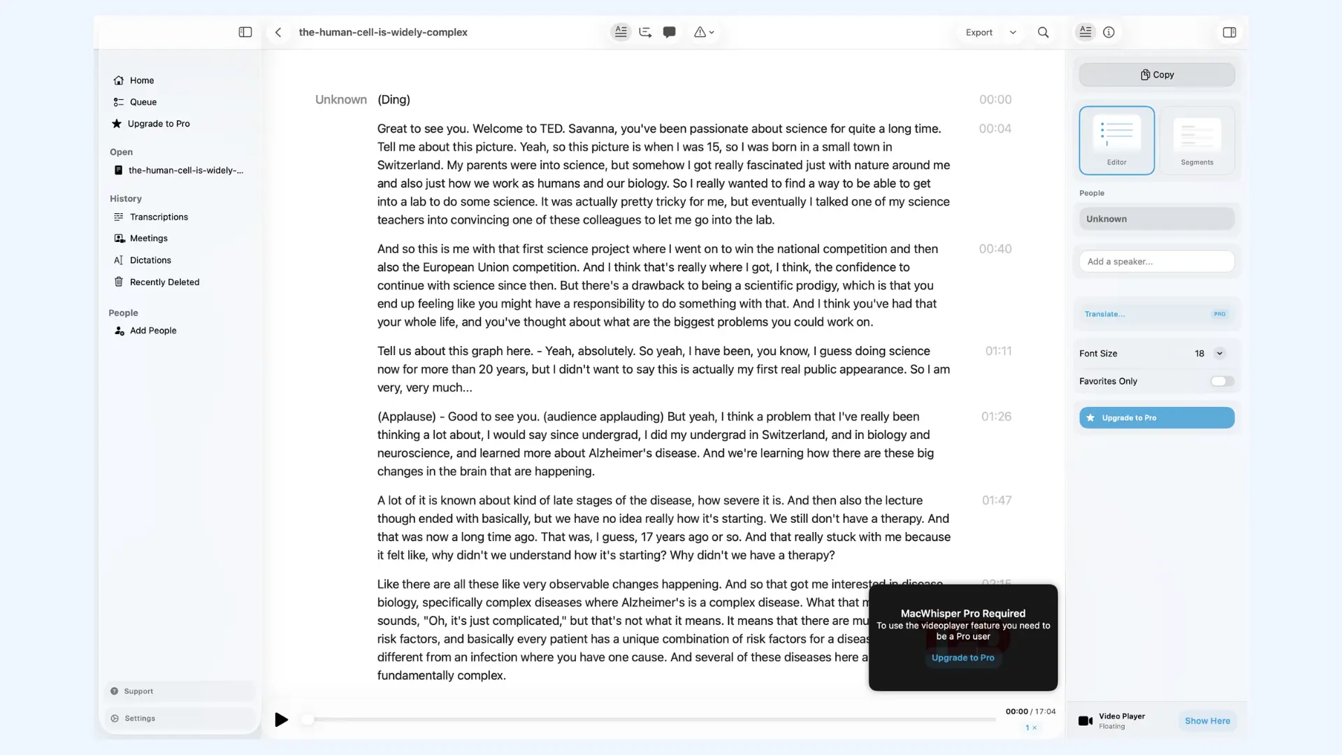 MacWhisper app interface displaying a transcript with timestamps and side panels for controls and navigation.