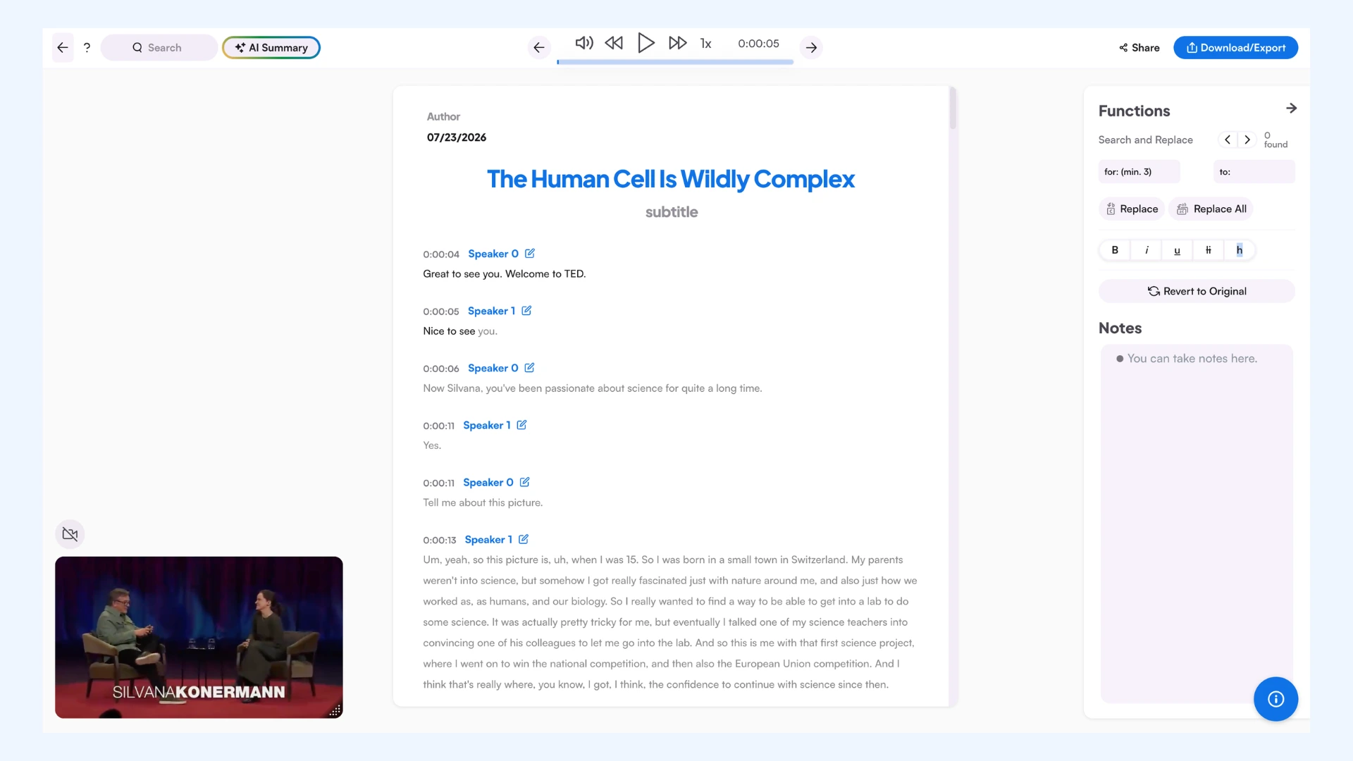 Maestra editor with a video player, a formatted transcript with speaker labels, and editing tools.