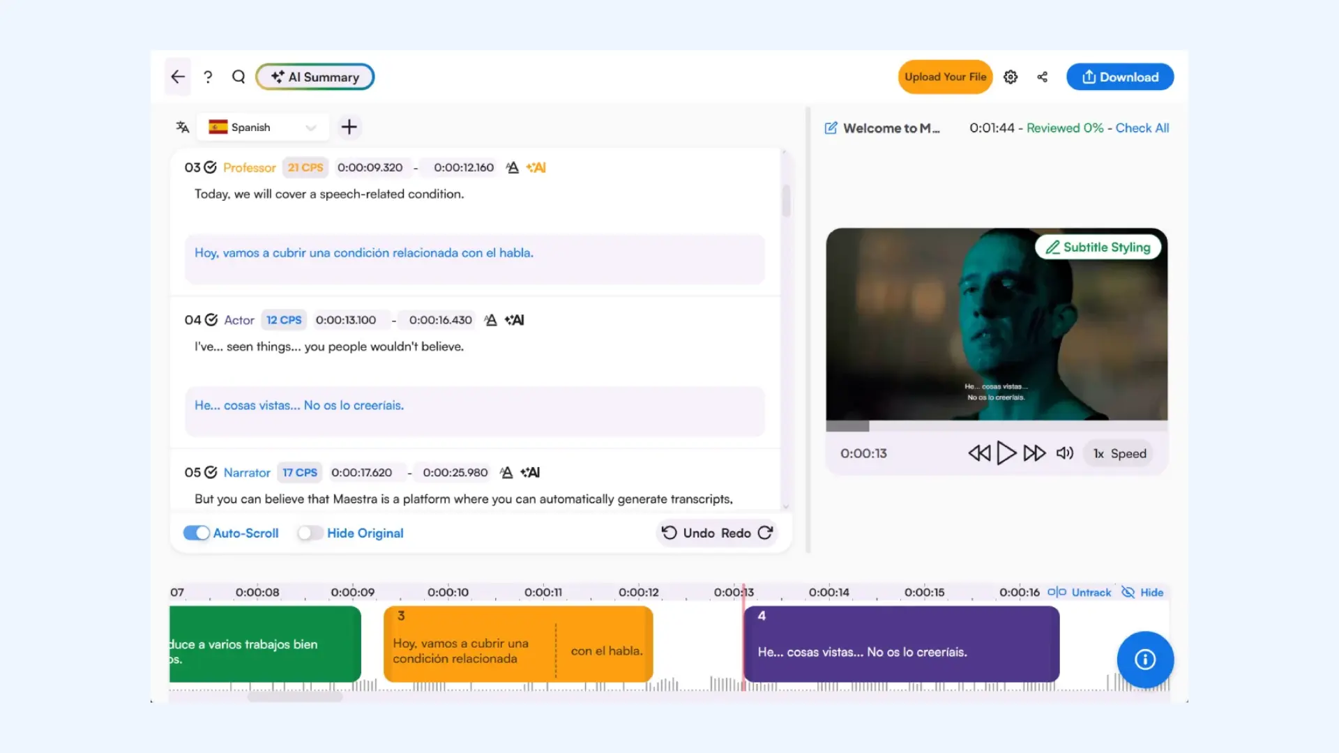 Maestra subtitle editor showing a bilingual transcript sidebar, video preview player, and timeline controls.