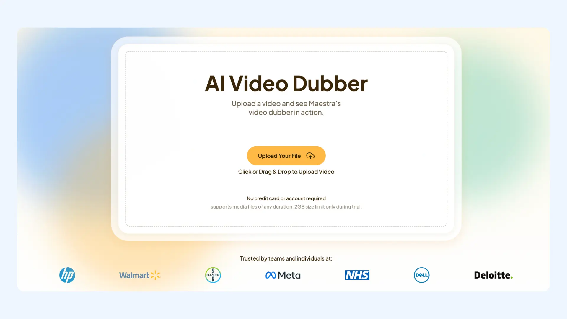 The upload section of Maestra's AI video dubber web page.